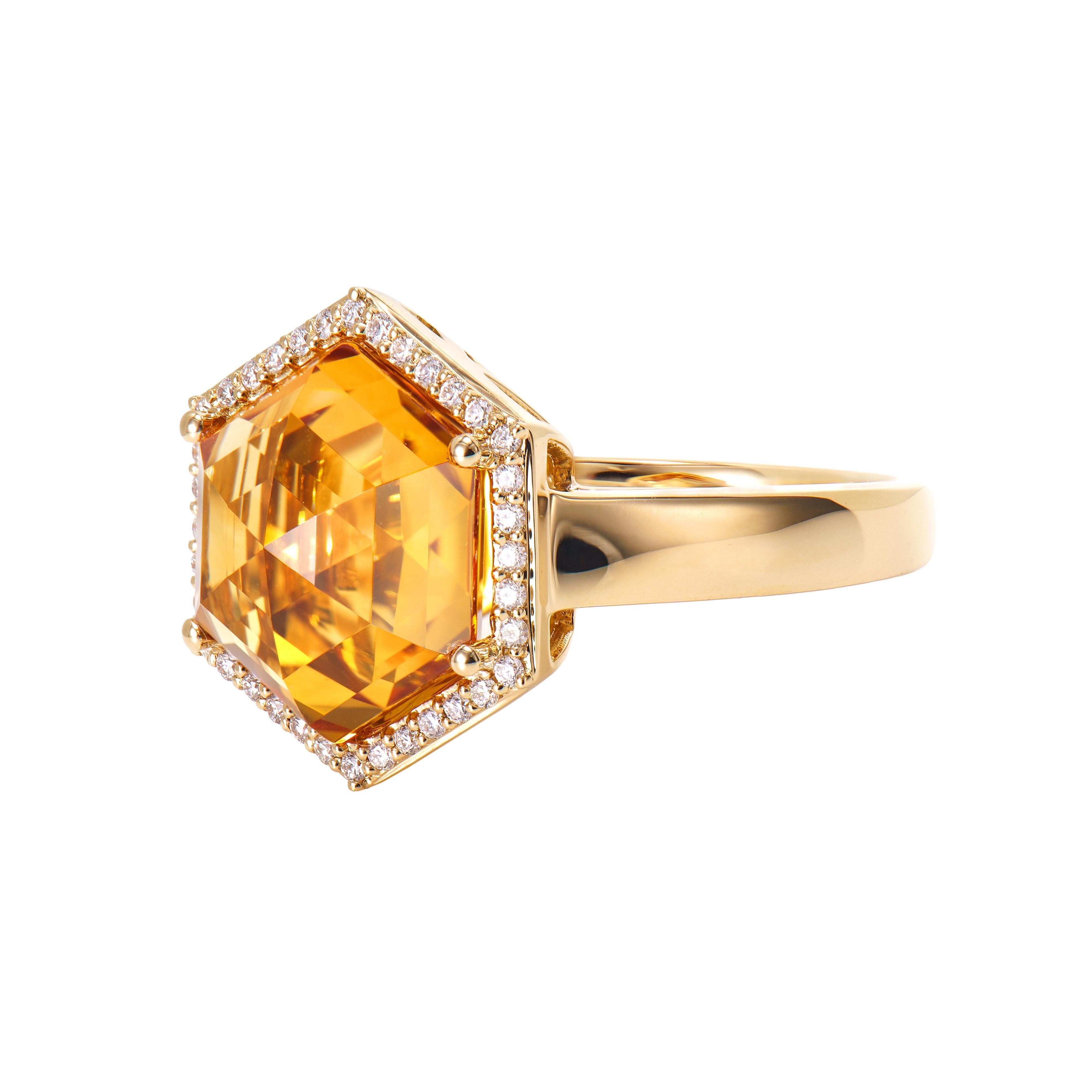 Hexagon Cut Sunita Nahata Citrine 6.76ct. Fancy Ring in 18KYG with Diamond. For Sale