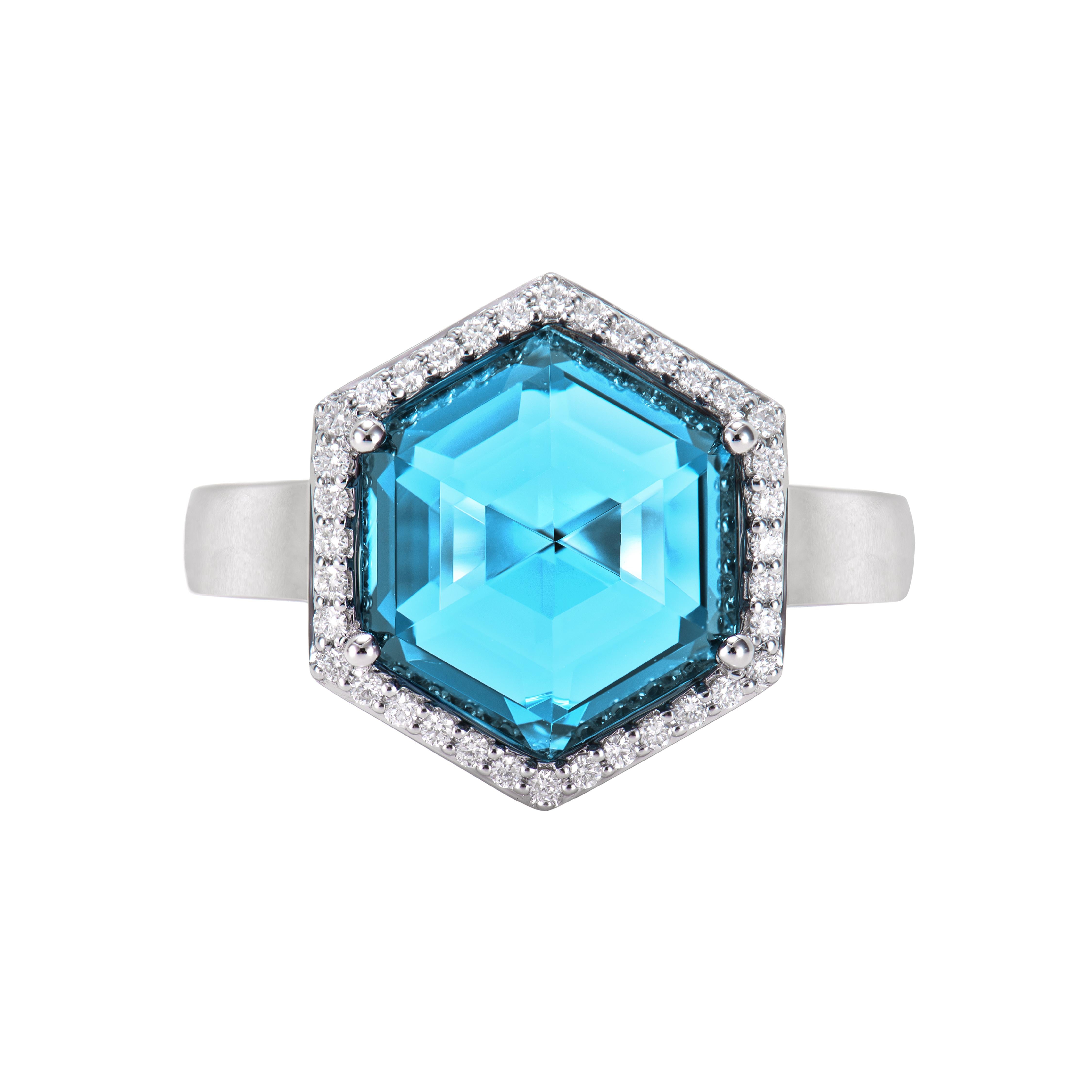 Contemporary Sunita Nahata Swiss Blue Topaz 6.76ct. Fancy Ring in 18KWG with Diamond. For Sale