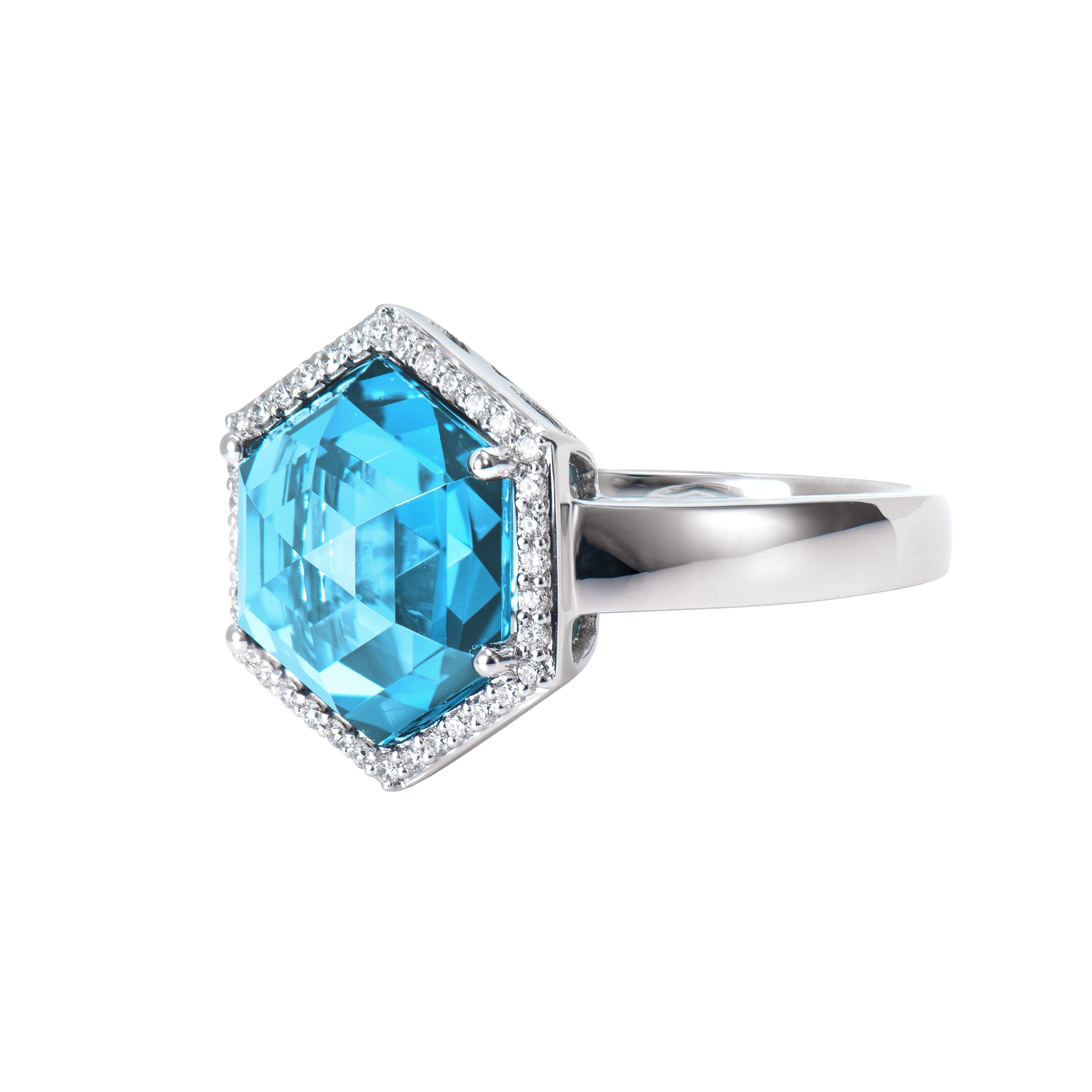 Hexagon Cut Sunita Nahata Swiss Blue Topaz 6.76ct. Fancy Ring in 18KWG with Diamond. For Sale