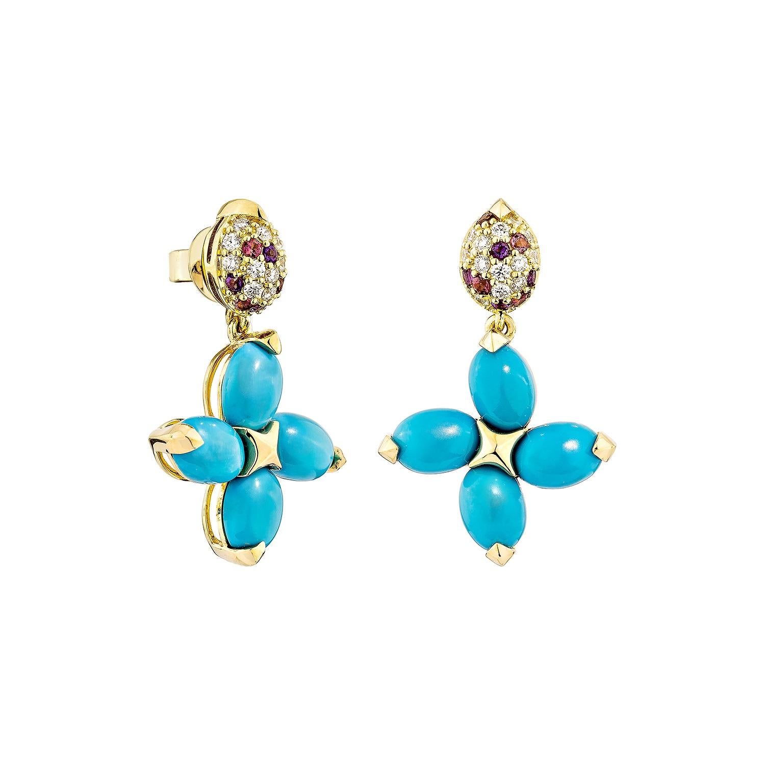 Rehaussez votre style avec ces superbes boucles d'oreilles turquoise, fabriquées en or jaune 18 carats. Les teintes bleues vibrantes et les motifs matriciels uniques créent une pièce captivante qui ajoute une beauté naturelle à toute
