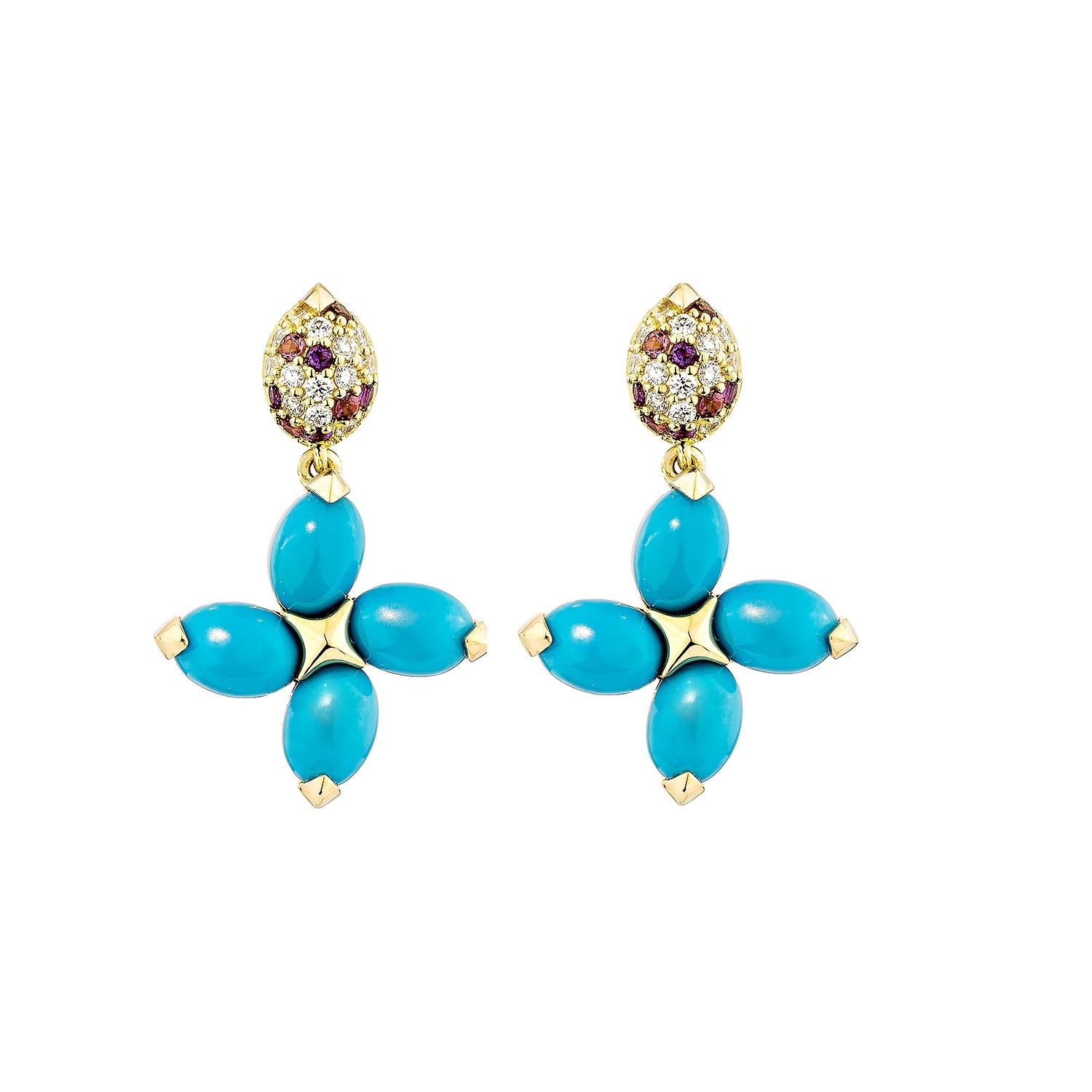 Contemporain Sunita Nahata turquoise 6.77 carats Boucles d'oreilles en 18KYG avec pierres mixtes et diamant. en vente