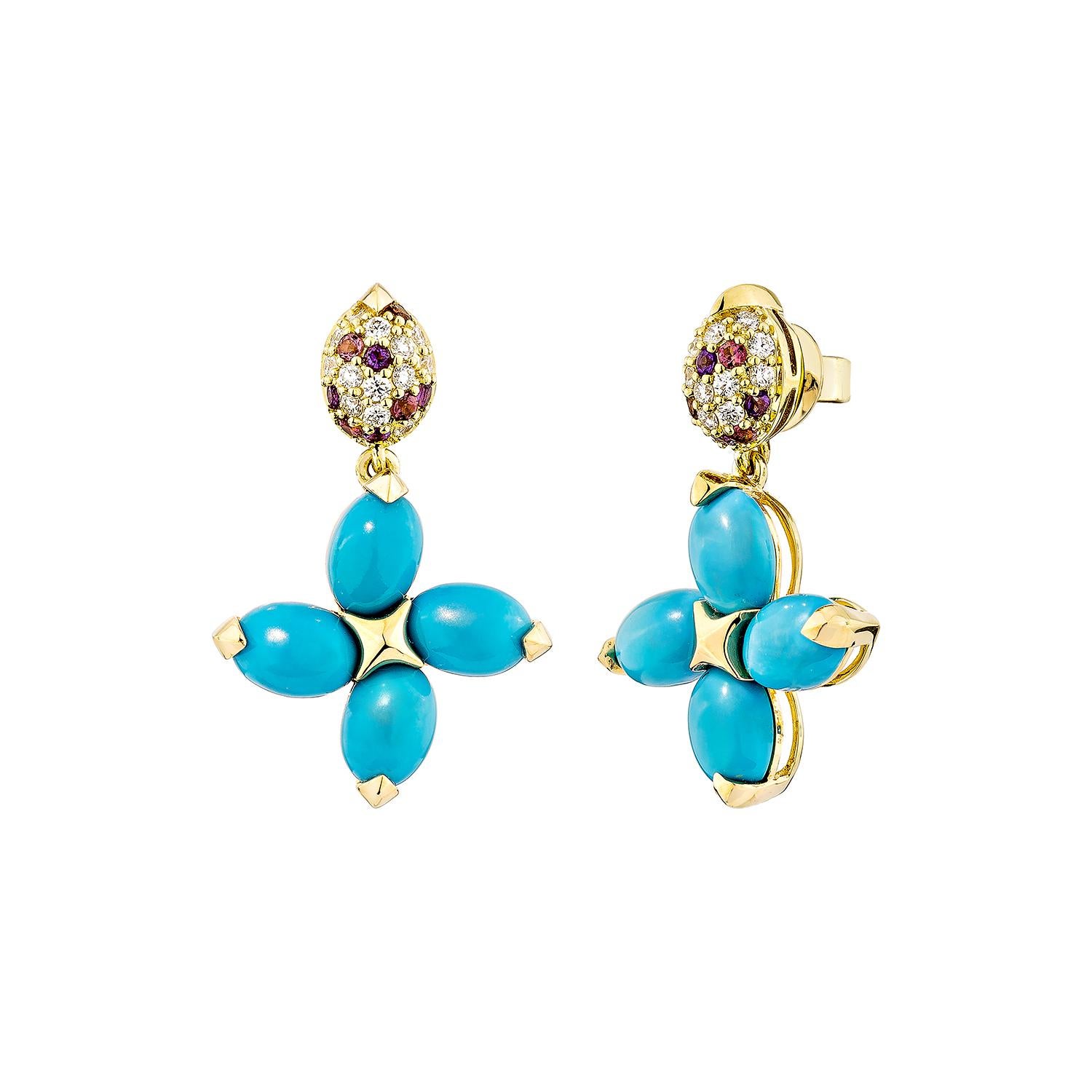 Taille ovale Sunita Nahata turquoise 6.77 carats Boucles d'oreilles en 18KYG avec pierres mixtes et diamant. en vente