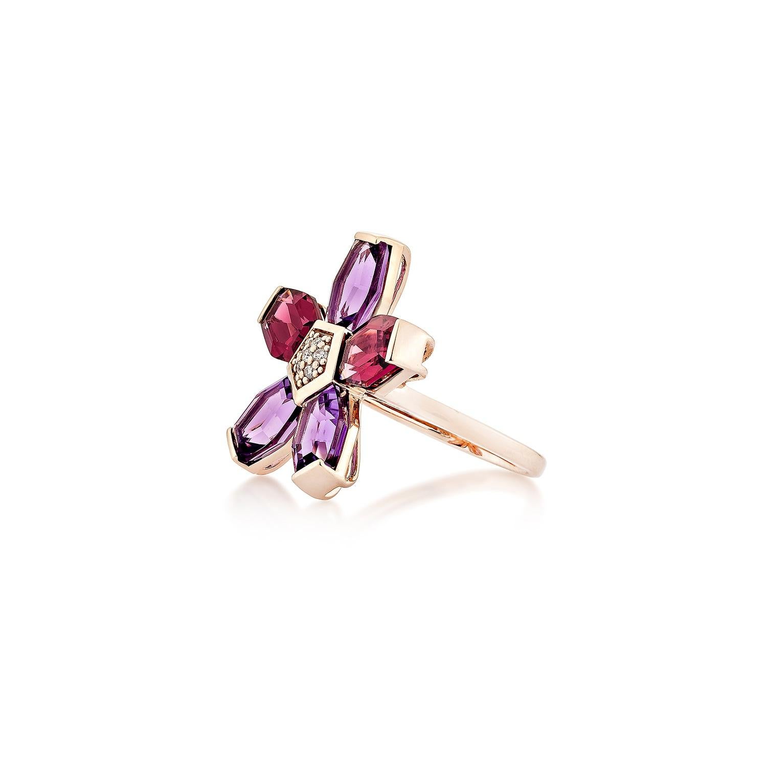 Hexagon Cut Sunita Nahata Amethyst & Rhodolite 7.03ct. Fancy Ring in 14KRG with Diamond. For Sale