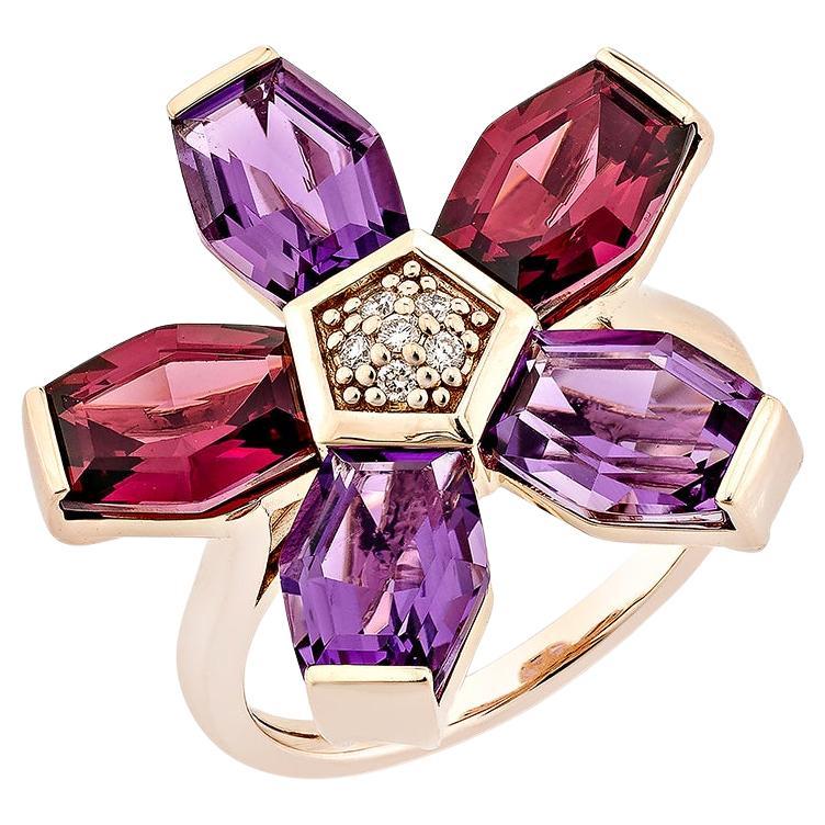 Sunita Nahata Amethyst & Rhodolite 7.03ct. Fancy Ring in 14KRG with Diamond.