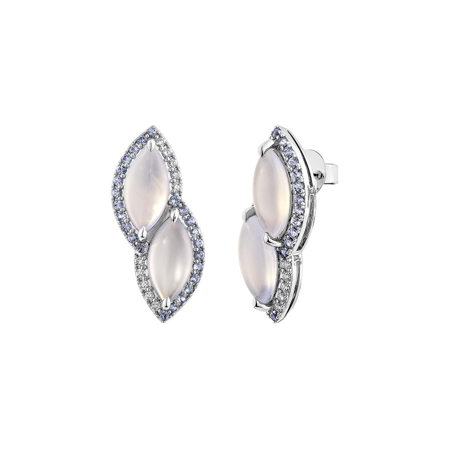 Marquise Cut Sunita Nahata Chalcedony & Sapphire 7.15ct. Earrings in 18KWG with Diamond. For Sale