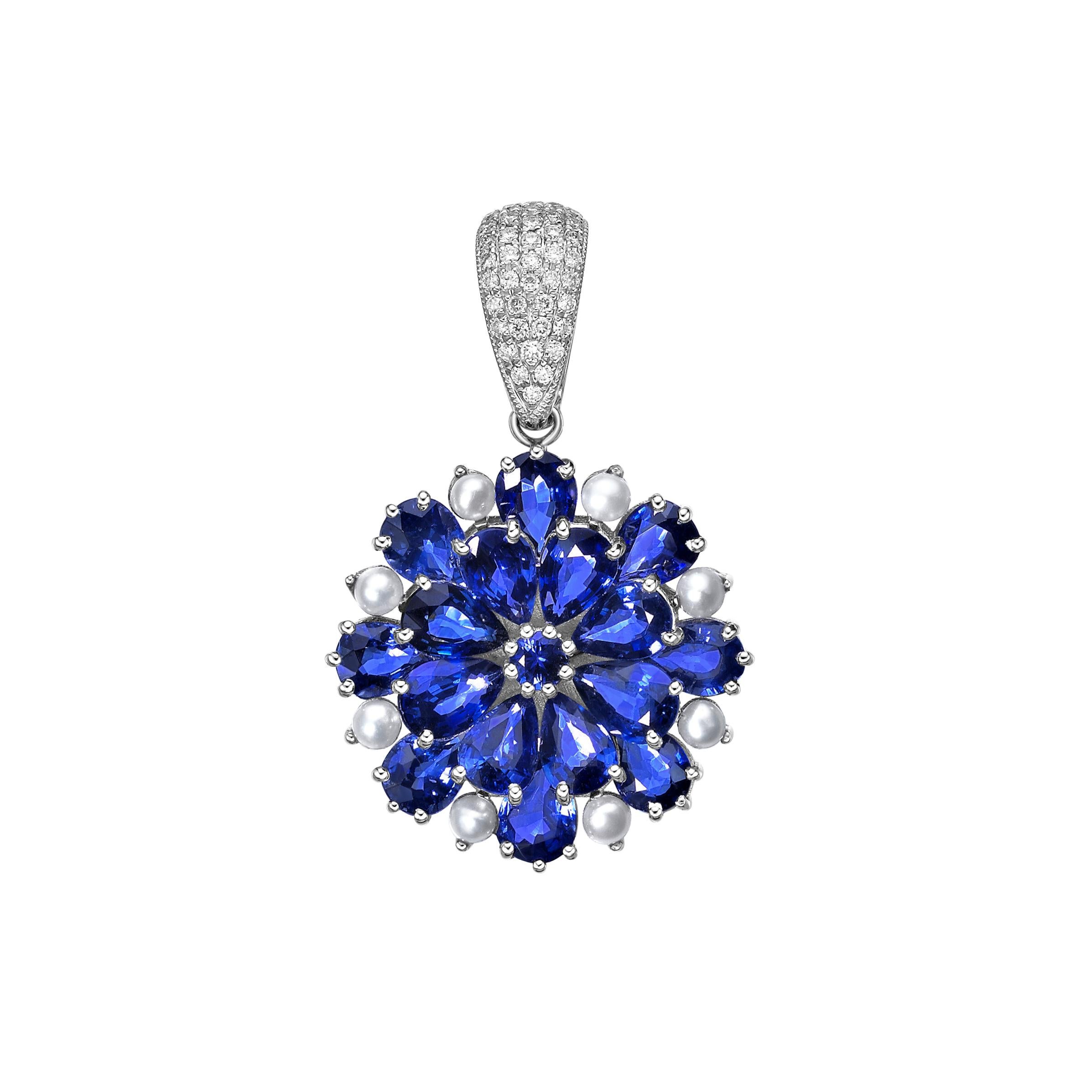 Contemporary Sunita Nahata Blue sapphire & Pearl 7.30ct. Pendant in 18KWG with Diamond. For Sale