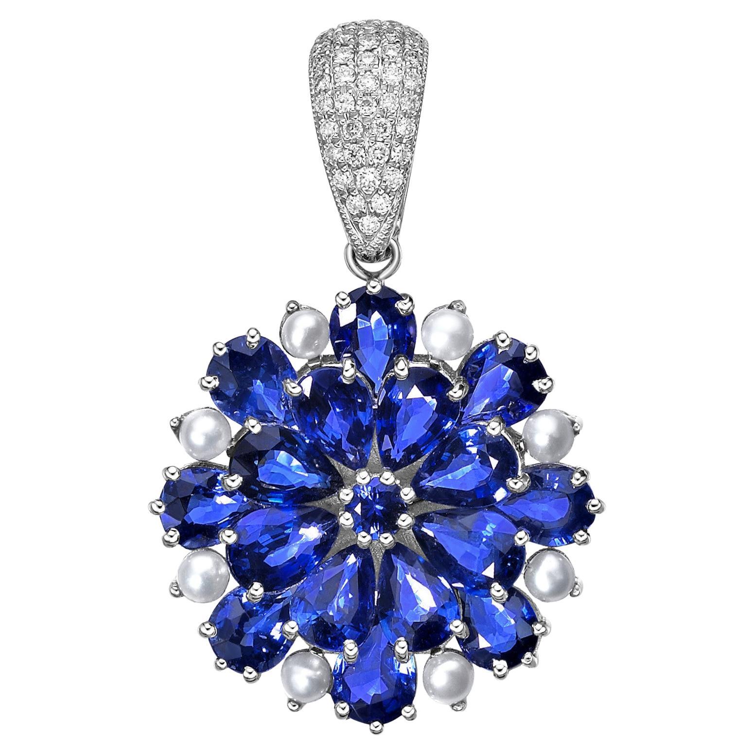 Sunita Nahata Blue sapphire & Pearl 7.30ct. Pendant in 18KWG with Diamond.