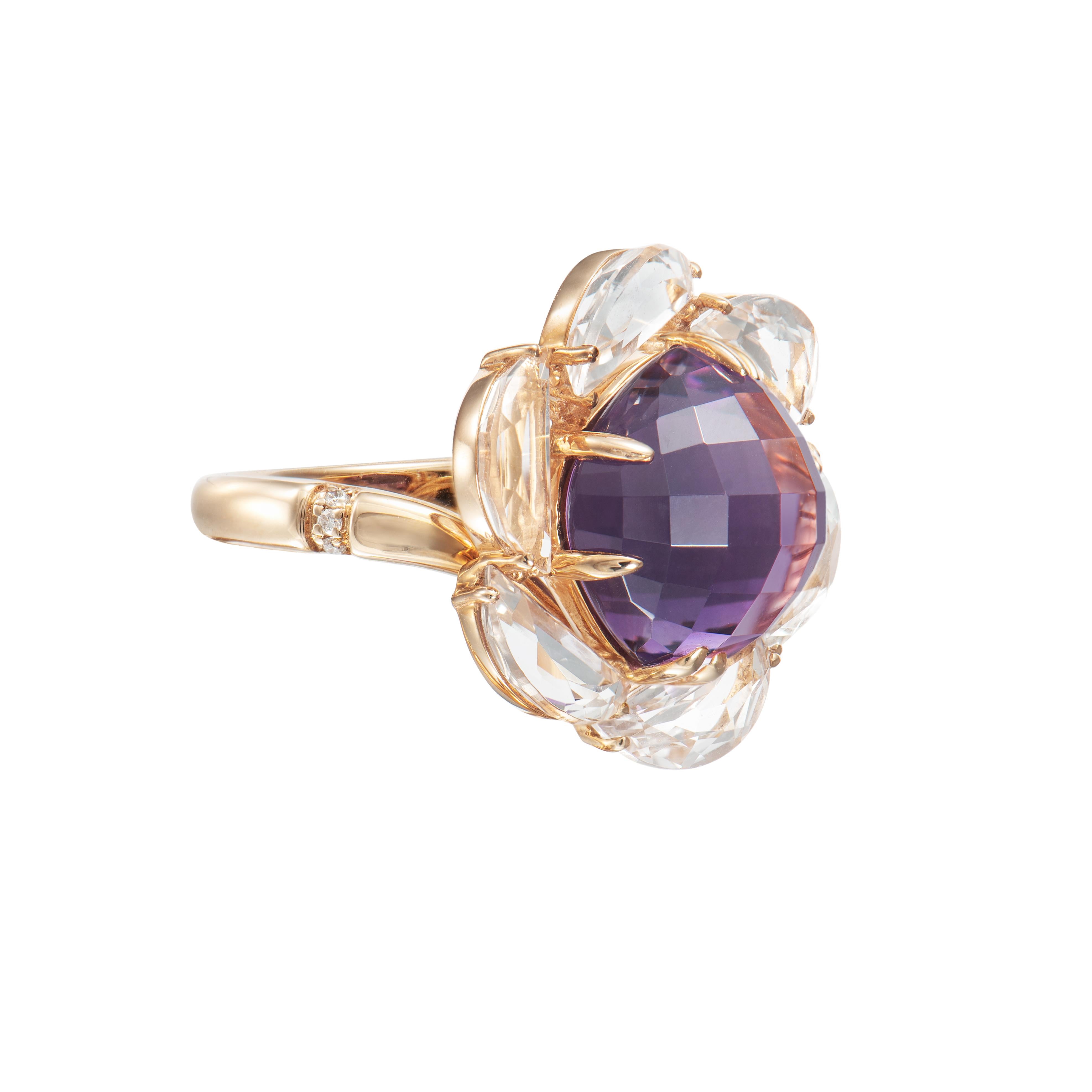Presented A stunning variety of amethyst gemstones for those who respect quality and wish to wear them on any occasion or everyday basis. The rose gold amethyst fancy ring, embellished with White Topaz and diamonds, has a timeless and exquisite
