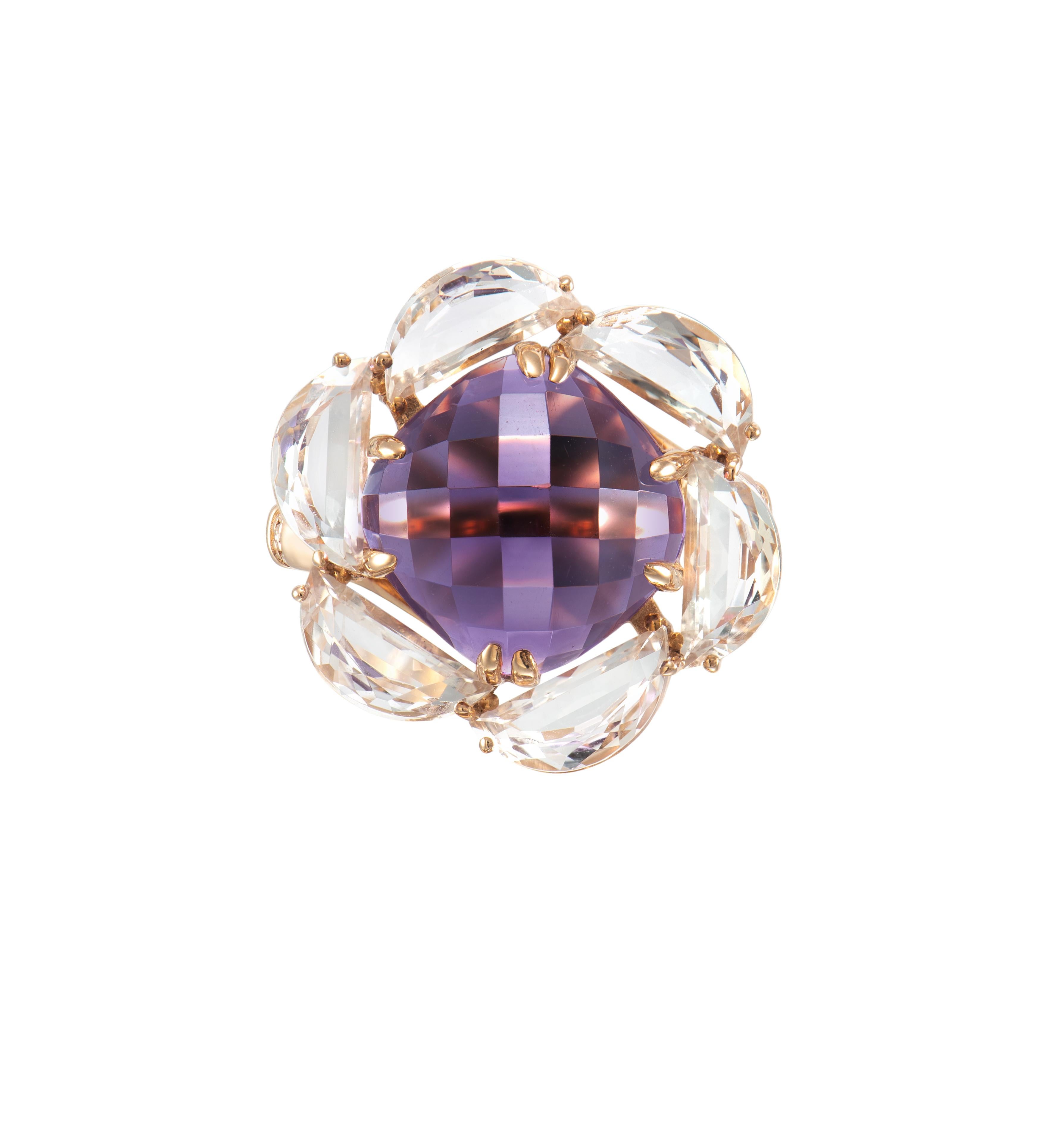 Contemporary Sunita Nahata Amethyst 7.39ct. Fancy Ring in 18KRG with Topaz & Diamond. For Sale