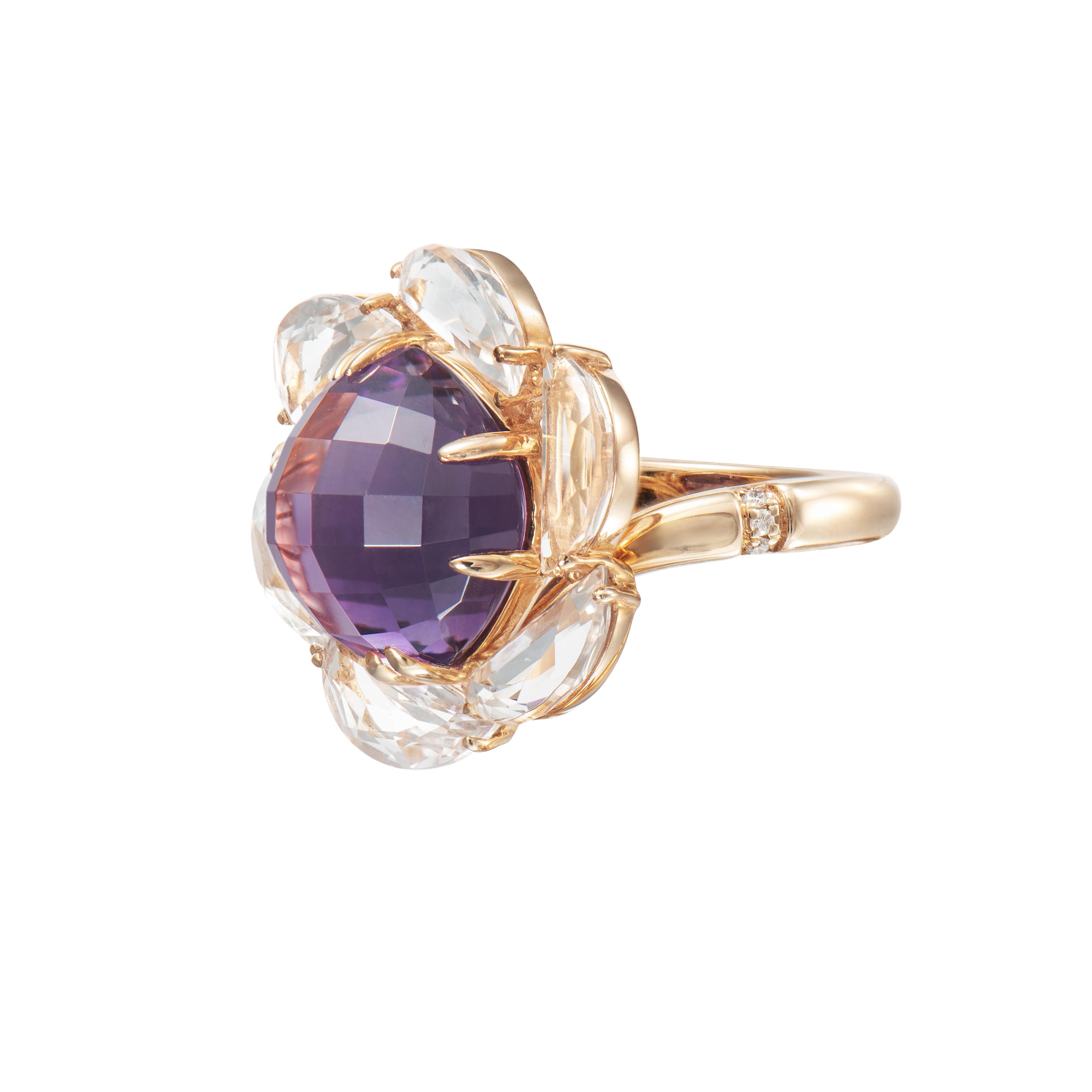 Cushion Cut Sunita Nahata Amethyst 7.39ct. Fancy Ring in 18KRG with Topaz & Diamond. For Sale