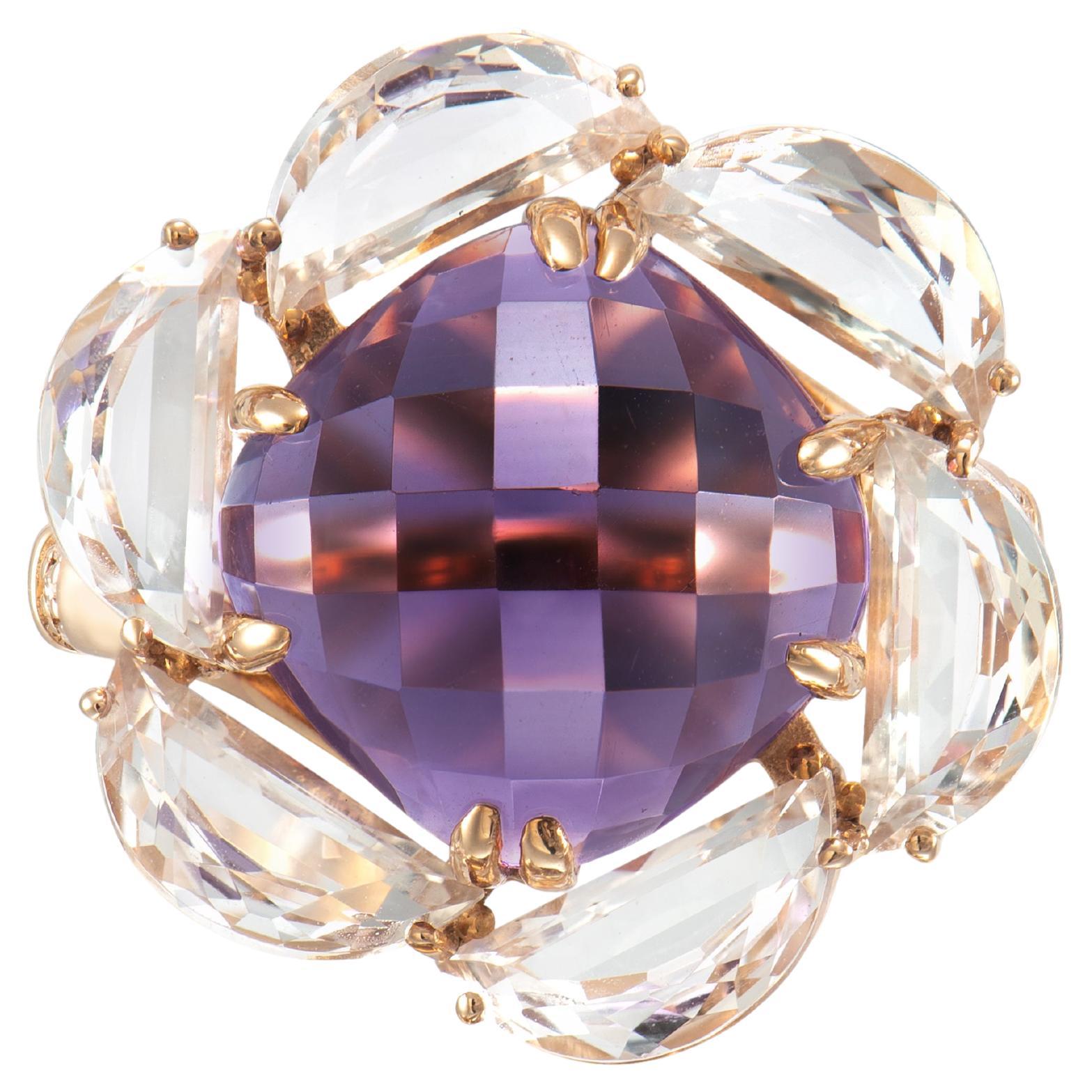 Sunita Nahata Amethyst 7.39ct. Fancy Ring in 18KRG with Topaz & Diamond.