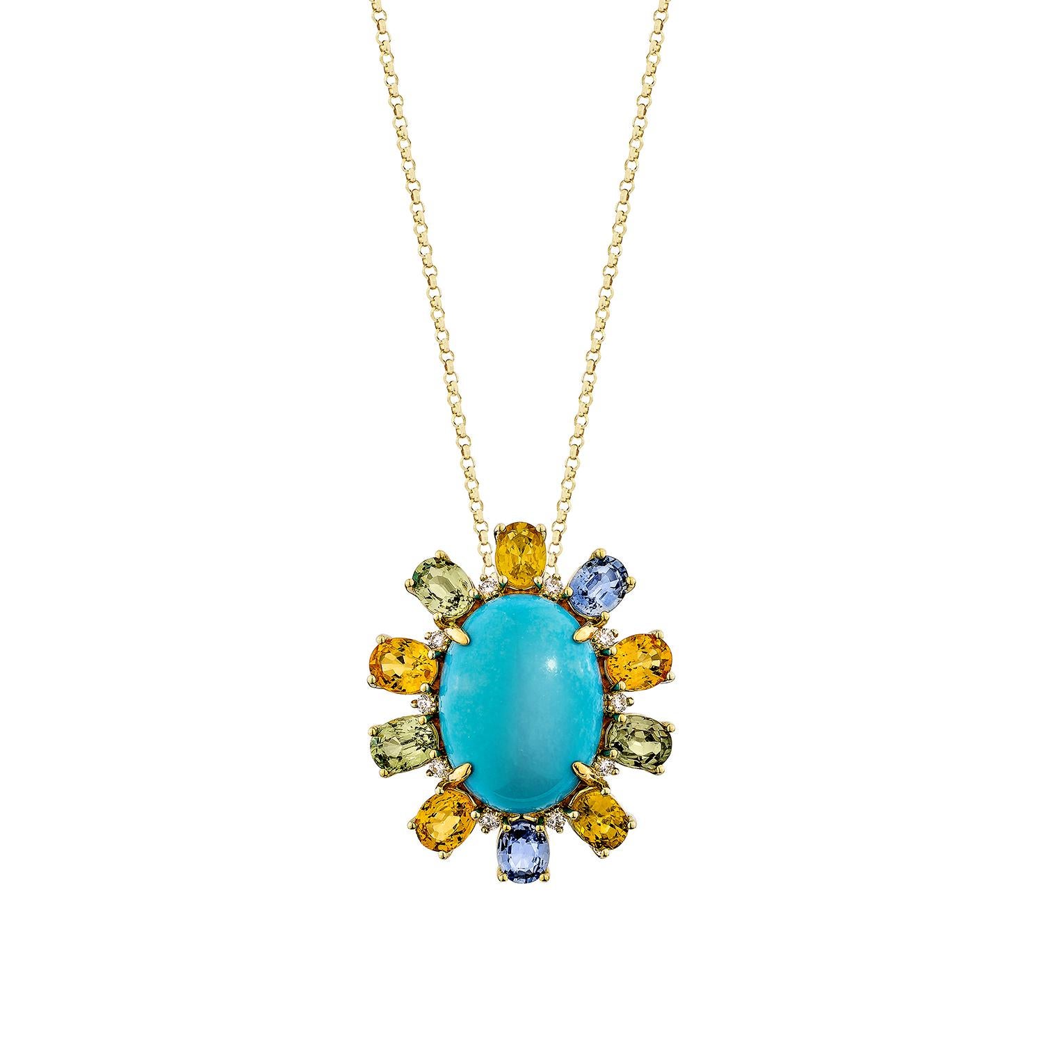 Ciondolo ovale di turchese in oro giallo 18 carati, circondato da vibranti zaffiri gialli, verdi, arancioni e blu e impreziosito da scintillanti diamanti bianchi. Un capolavoro colorato perfetto per ogni occasione.

Ciondolo con turchese e zaffiro