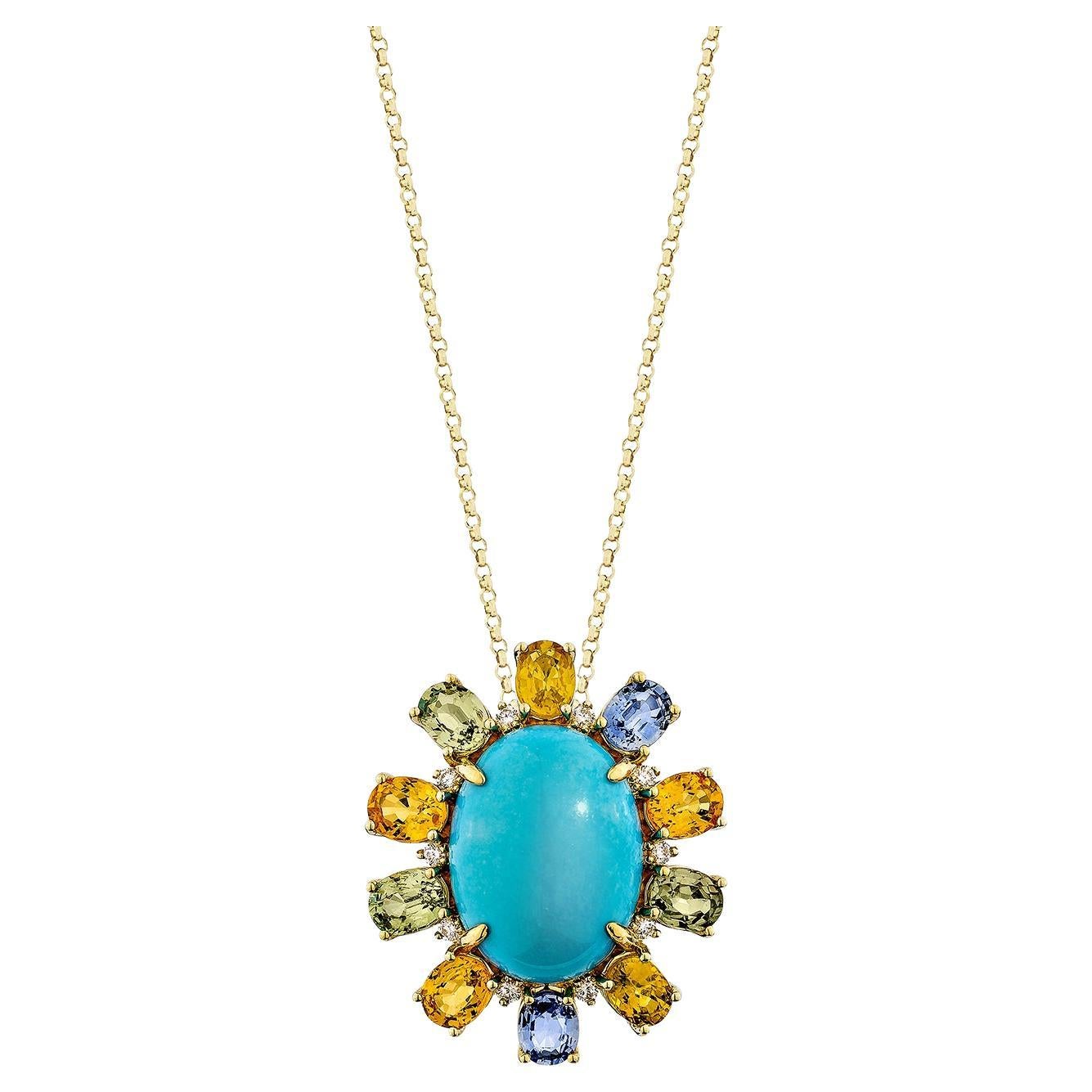 Sunita Nahata Turquoise & Mix Sapphire 7.39ct. Pendant in 18KYG with Diamond.