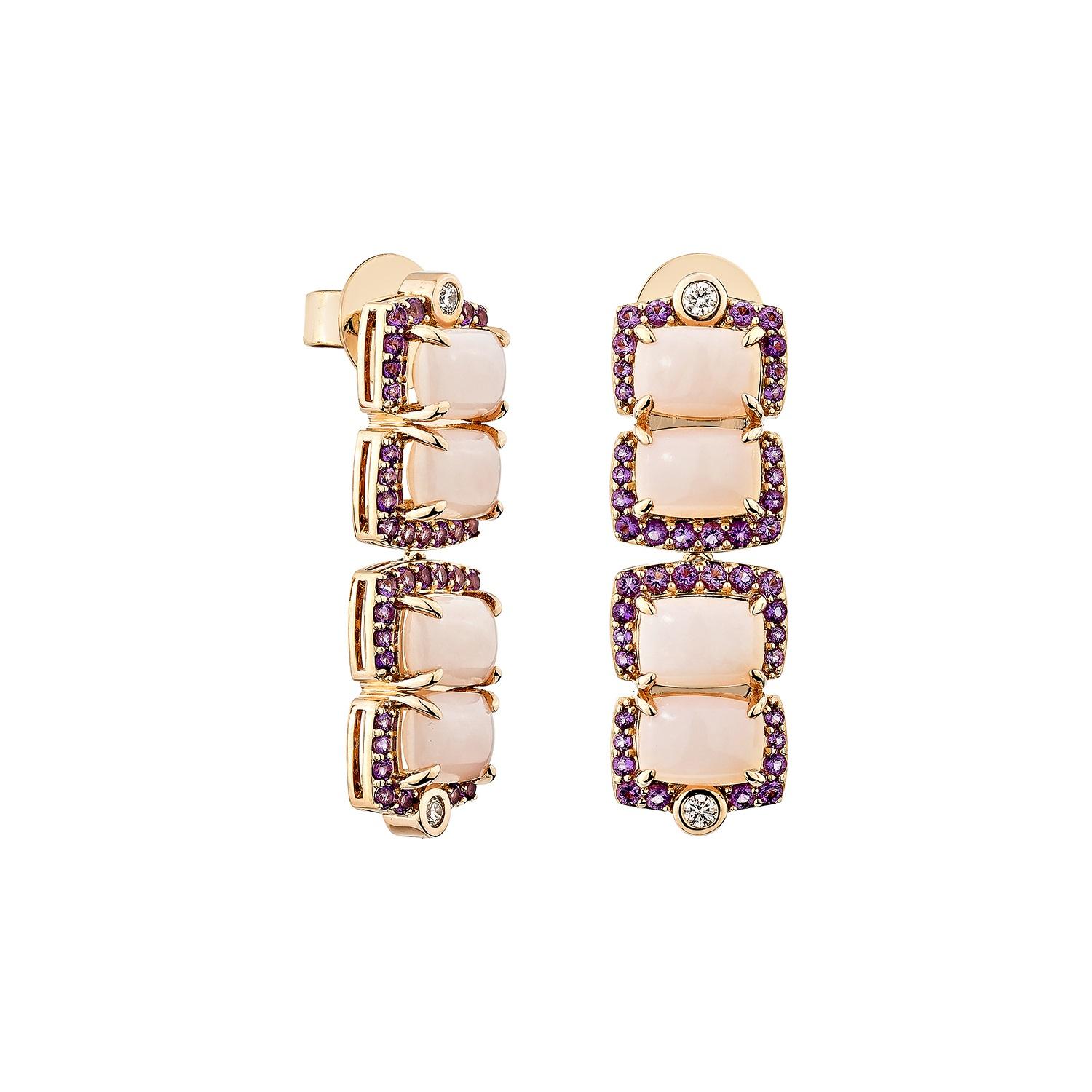 Sunita Nahata presents a stunning pink opal cabochon earrings, adorned with Amethyst and white diamonds. This gemstone, renowned for its historical significance, is believed to bring good luck, protection, and divine hope. Its metaphysical benefits