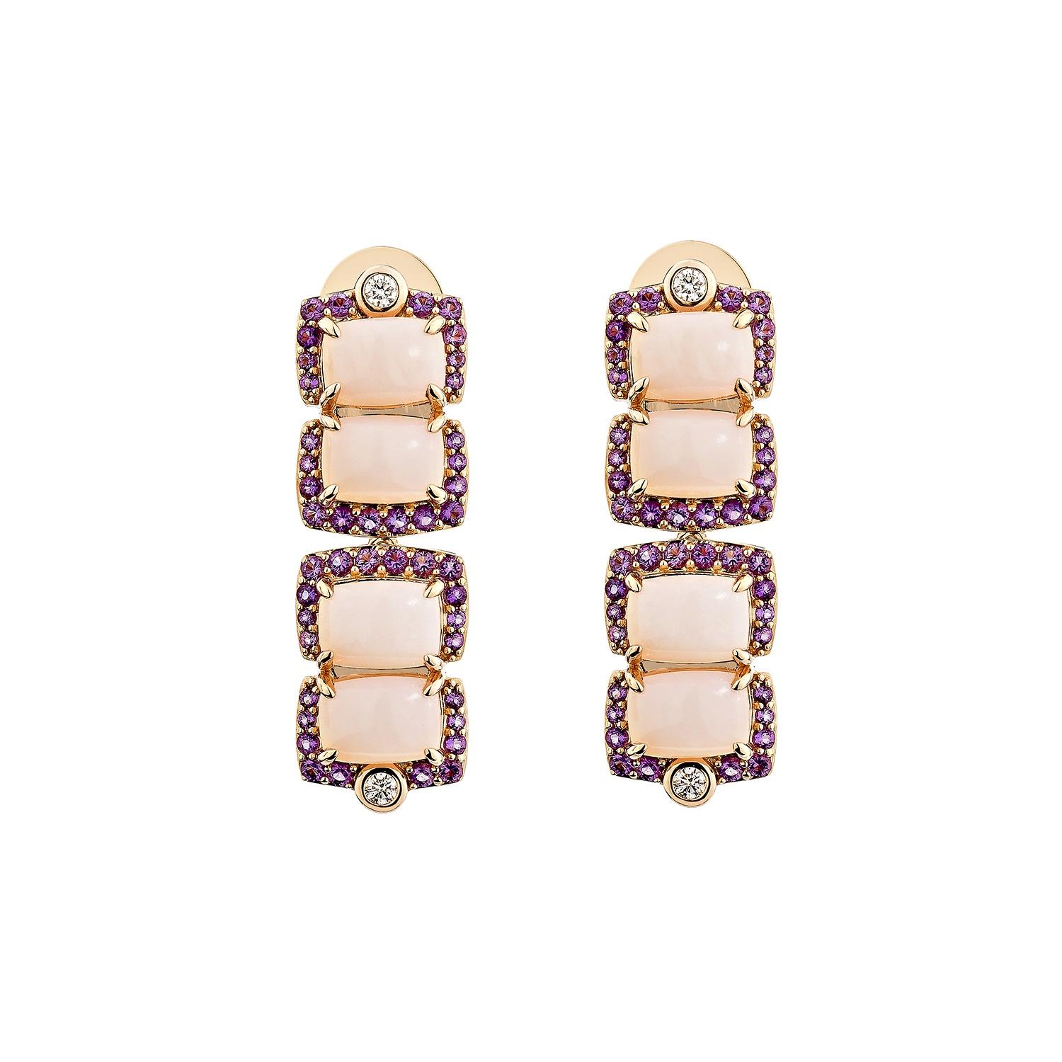 Contemporary Sunita Nahata Pink Opal & Amethyst 7.48ct. Earrings in 18KRG with Diamond. For Sale