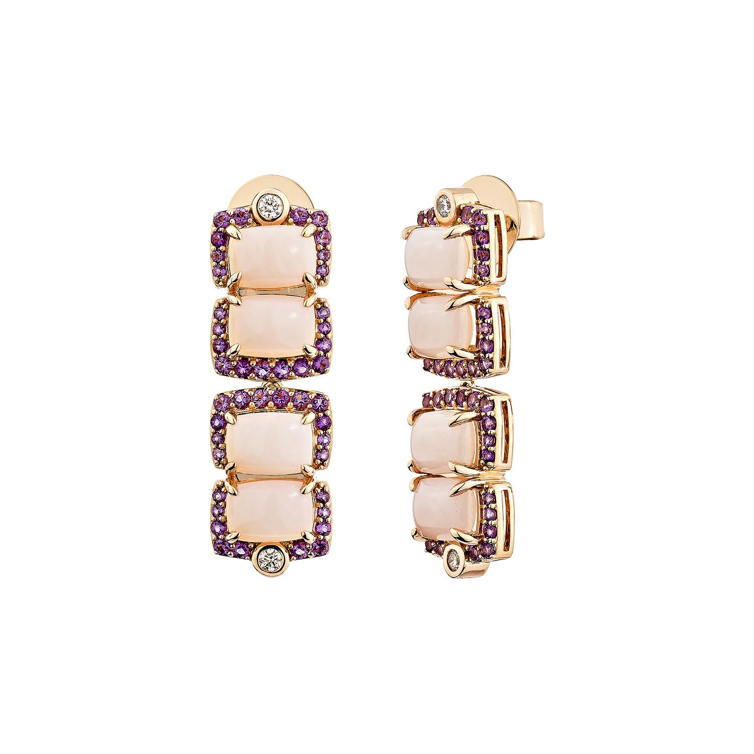 Cushion Cut Sunita Nahata Pink Opal & Amethyst 7.48ct. Earrings in 18KRG with Diamond. For Sale