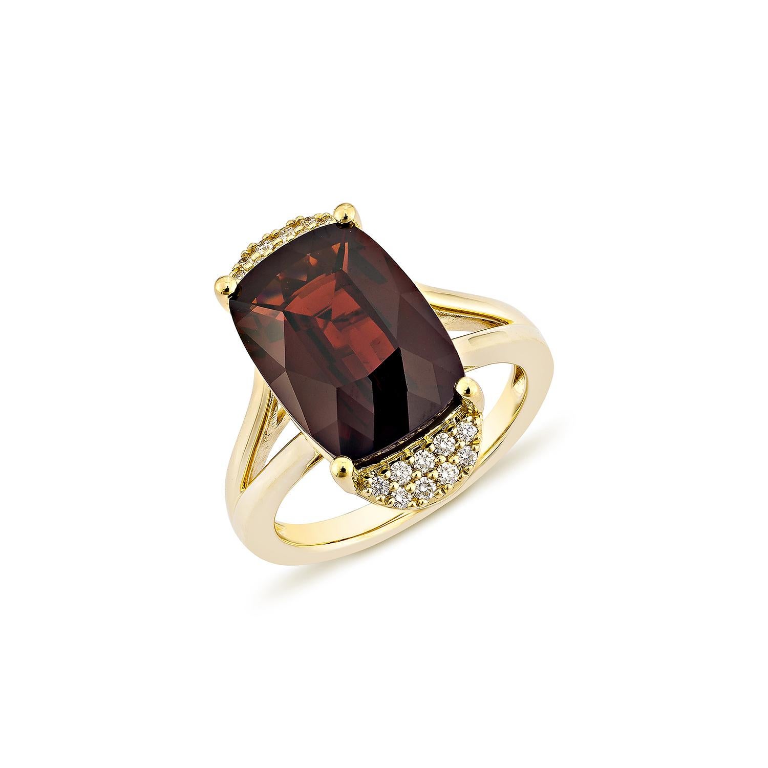Contemporary Sunita Nahata Red Garnet 7.56ct. Fancy Ring in 18KYG with White Diamond. For Sale