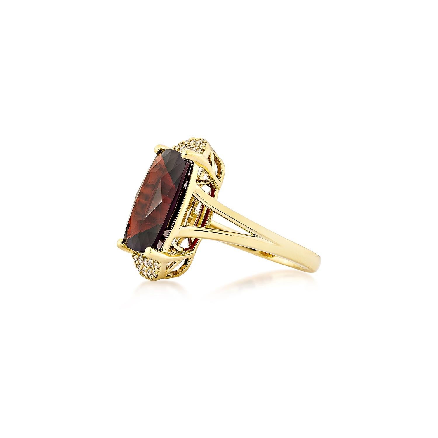 Cushion Cut Sunita Nahata Red Garnet 7.56ct. Fancy Ring in 18KYG with White Diamond. For Sale