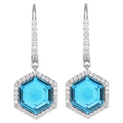 Sunita Nahata Swiss Blue Topaz 7.61ct. Drop Earrings in 18KWG with Diamond.