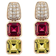 Sunita Nahata Rhodolite 
Peridot 7.61ct. Drop Earrings in 18KRG with Diamond.
