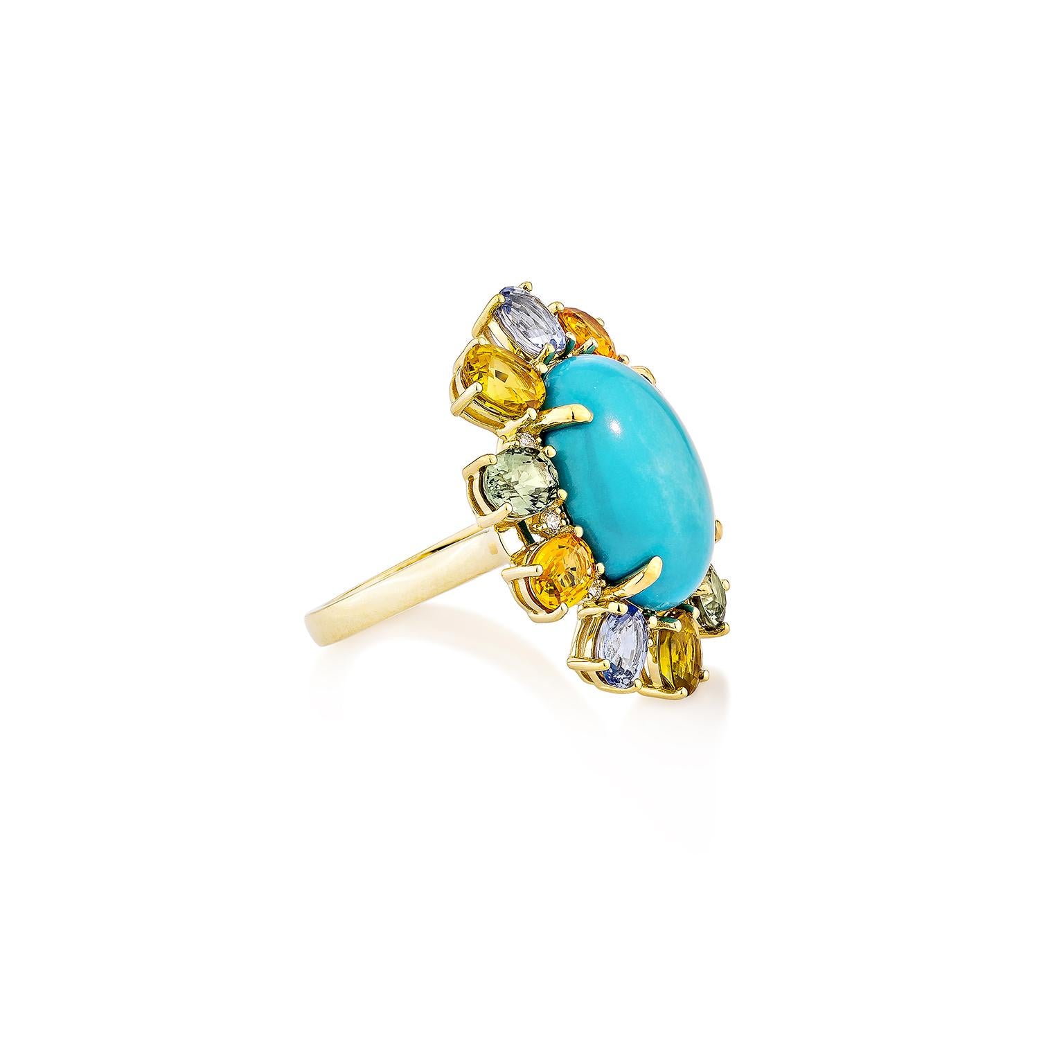 Oval Turquoise Fancy ring in 18K Yellow Gold, surrounded by vibrant yellow, green, orange, and blue sapphires, accented with sparkling white diamonds. A colorful masterpiece perfect for any occasion.

Turquoise & Mix Sapphire Fancy Ring in 18KYG