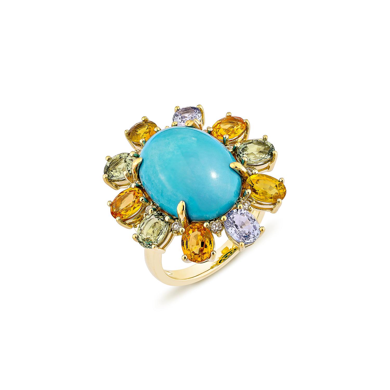 Contemporary Sunita Nahata Turquoise & Mix Sapphire 7.67ct. Fancy Ring in 18KYG with Diamond For Sale