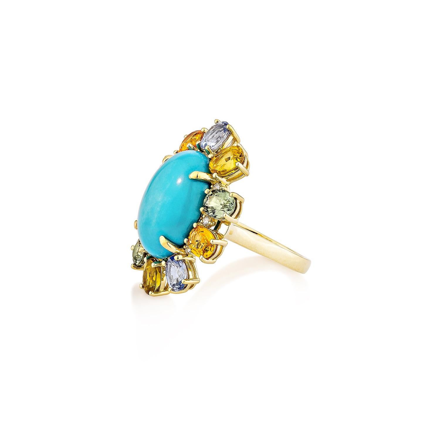 Oval Cut Sunita Nahata Turquoise & Mix Sapphire 7.67ct. Fancy Ring in 18KYG with Diamond For Sale