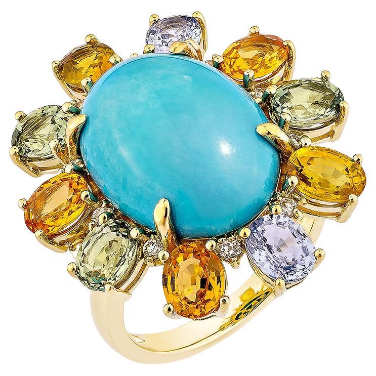 Sunita Nahata Turquoise & Mix Sapphire 7.67ct. Fancy Ring in 18KYG with Diamond
