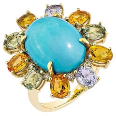 Sunita Nahata Turquoise & Mix Sapphire 7.67ct. Fancy Ring in 18KYG with Diamond