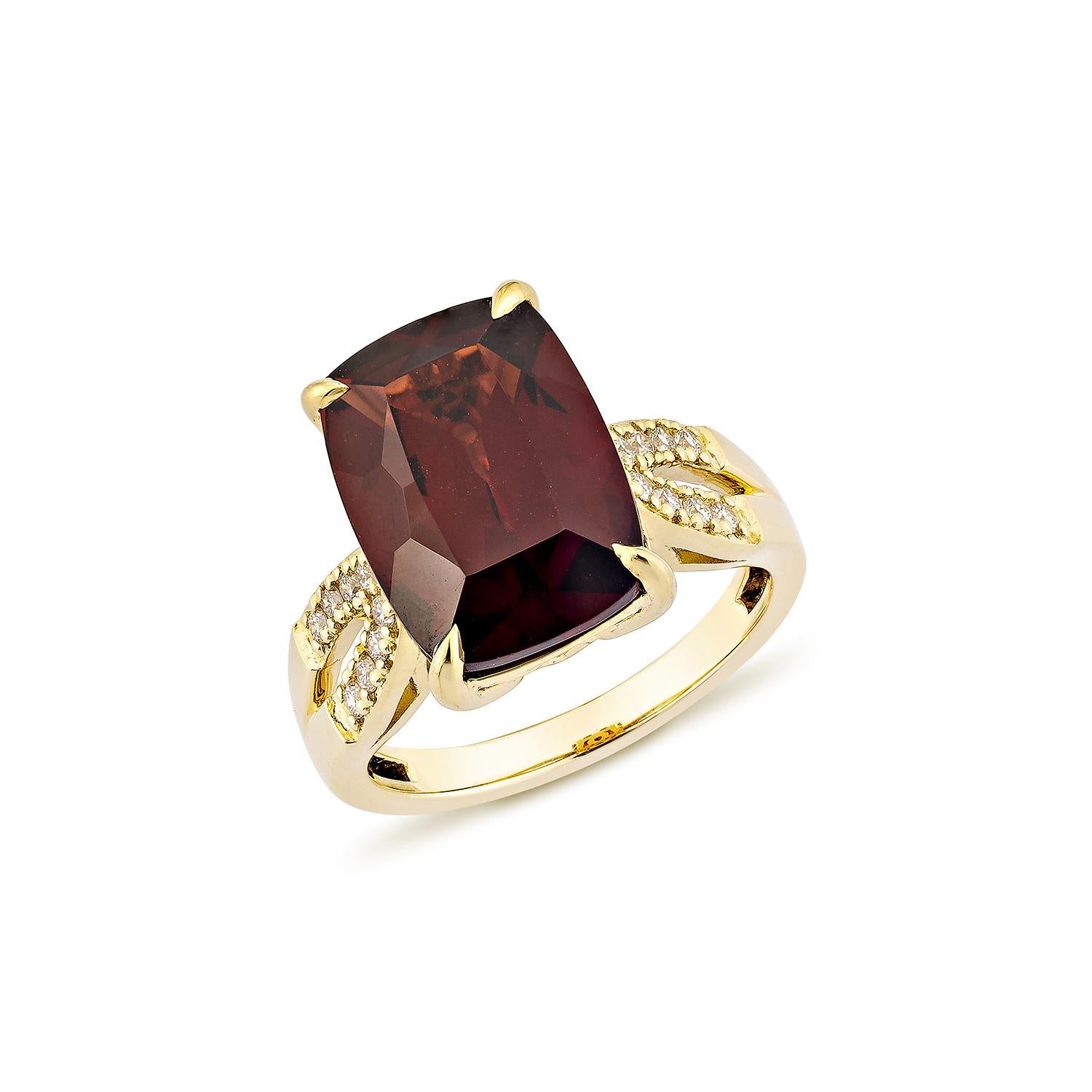 Contemporary Sunita Nahata Red Garnet 7.88ct. Fancy Ring in 18KYG with White Diamond. For Sale