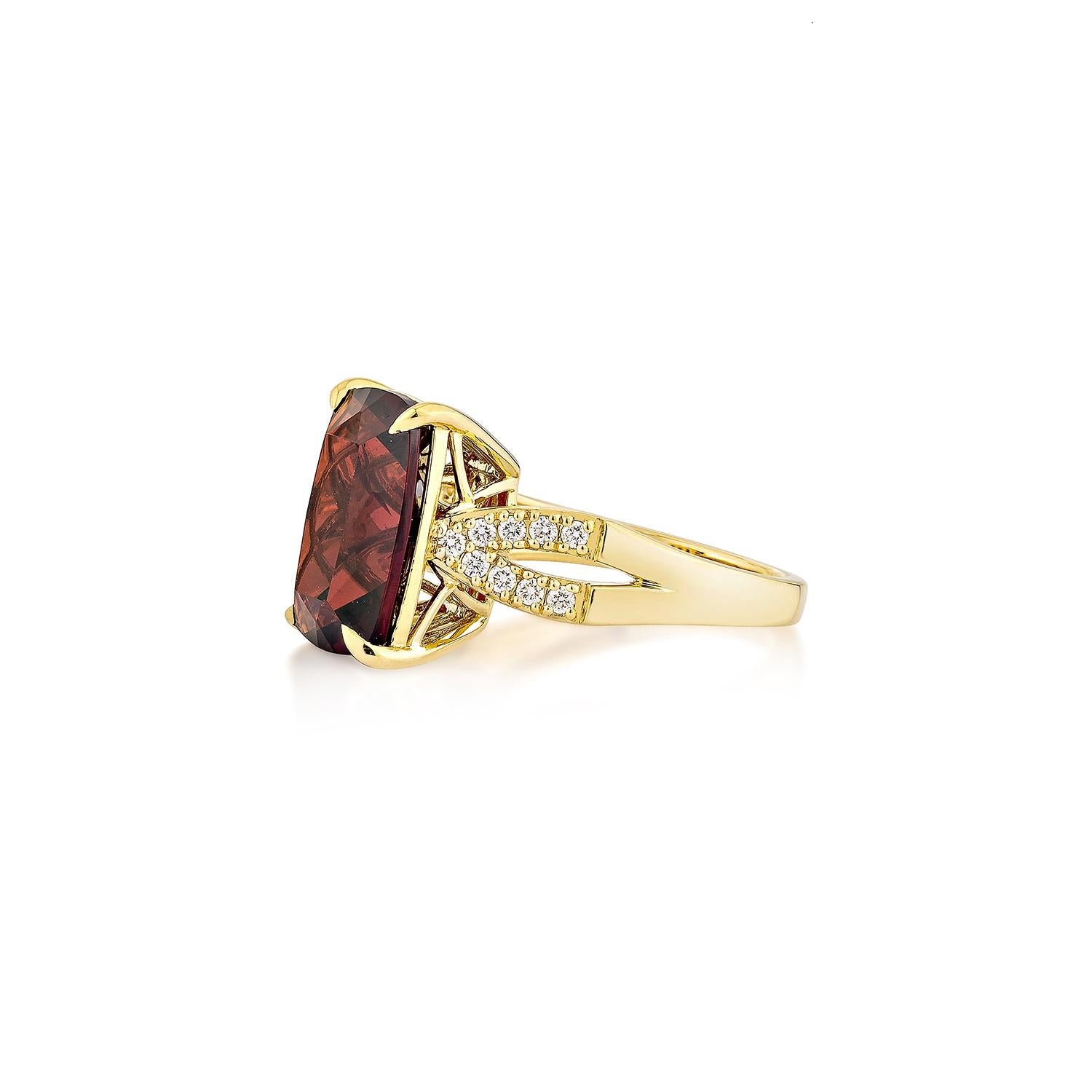Cushion Cut Sunita Nahata Red Garnet 7.88ct. Fancy Ring in 18KYG with White Diamond. For Sale