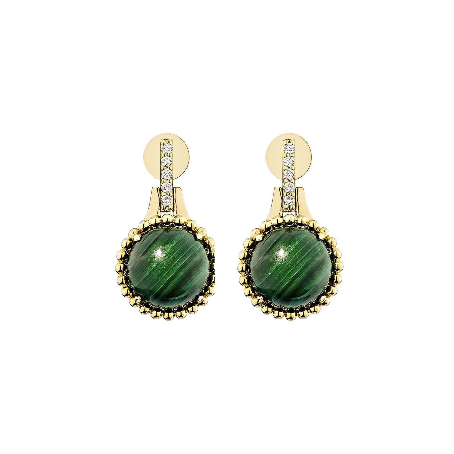 Contemporary Sunita Nahata Malachite 8.03ct. Drop Earrings in 14KYG with Diamond. For Sale