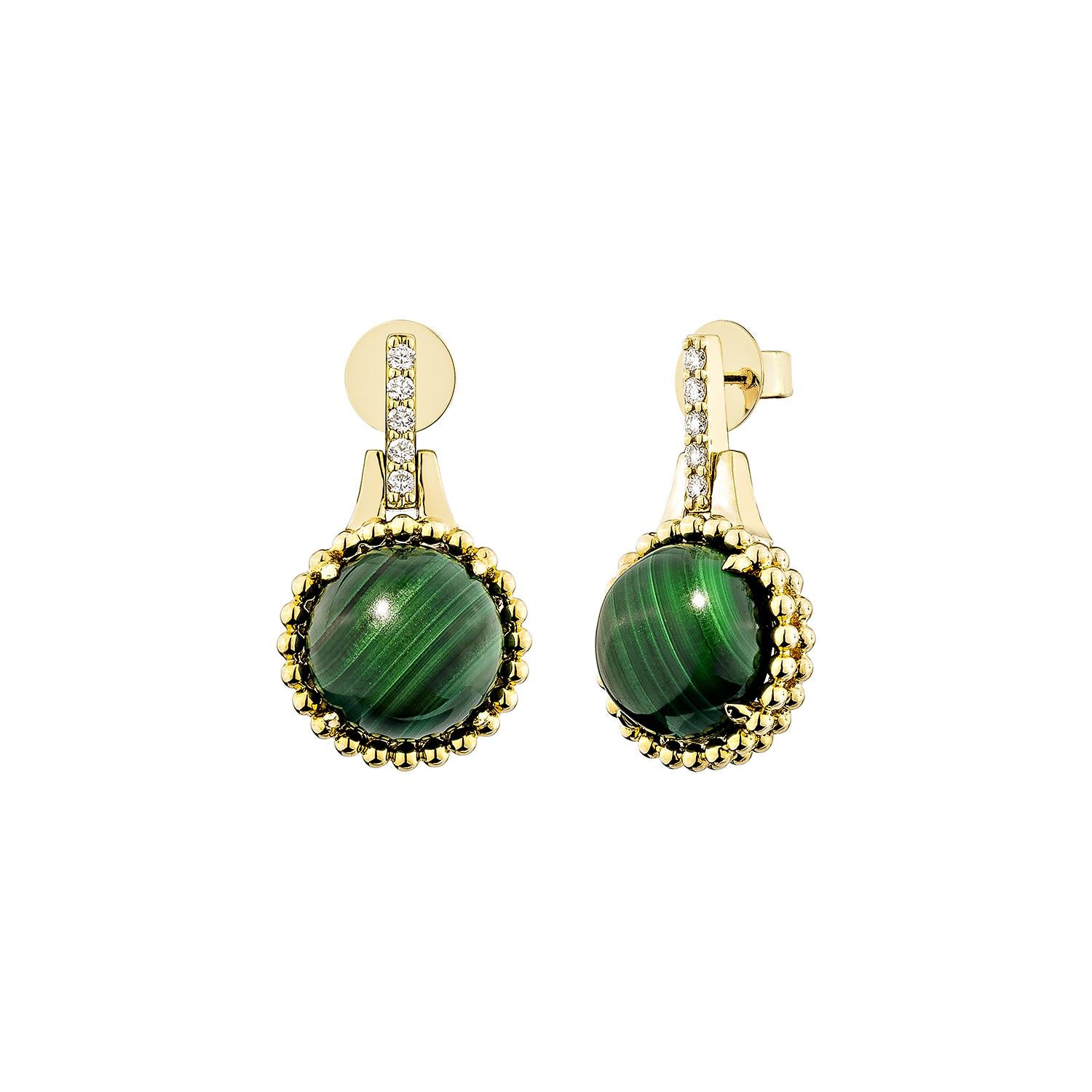 Round Cut Sunita Nahata Malachite 8.03ct. Drop Earrings in 14KYG with Diamond. For Sale