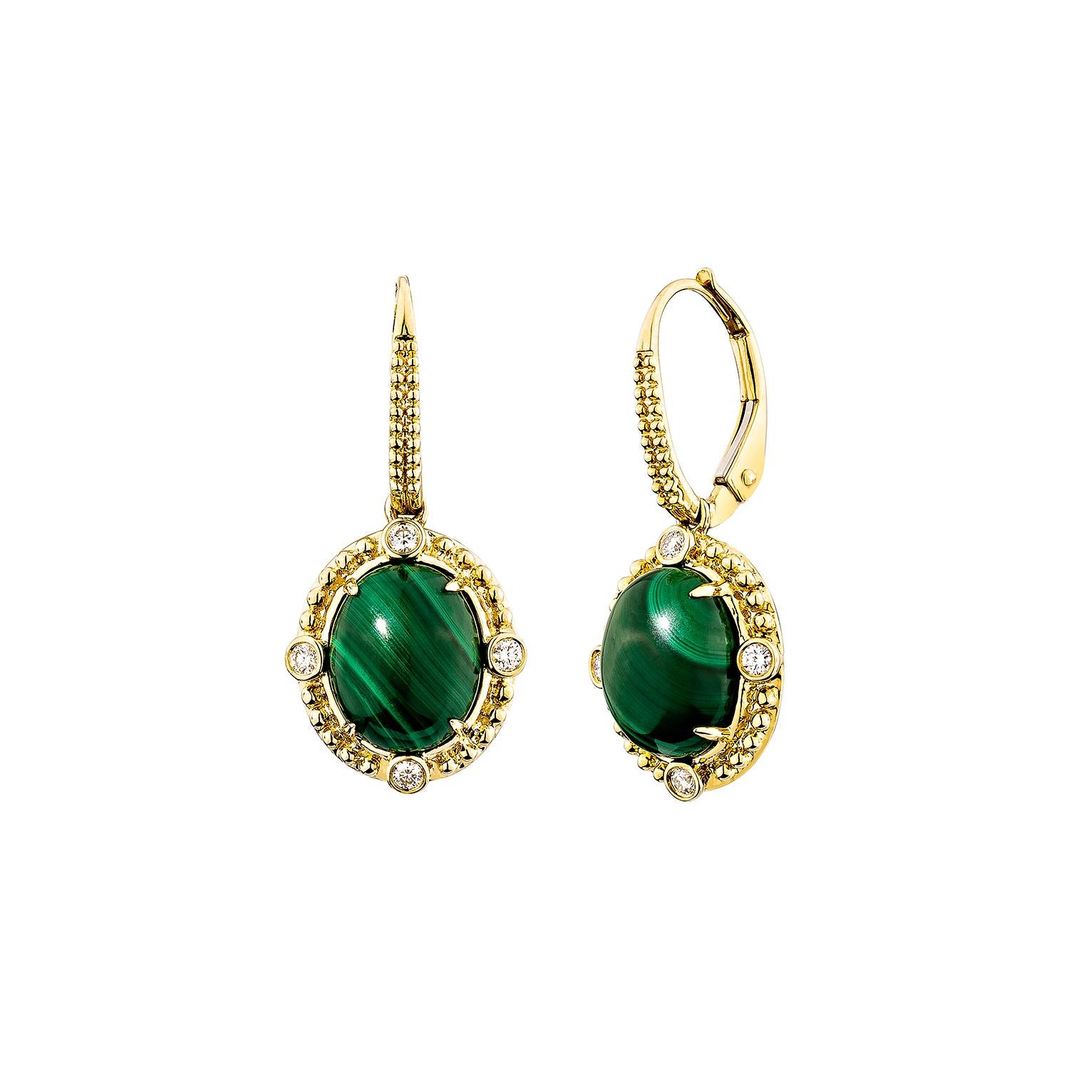 Taglio ovale Sunita Nahata Malachite 8.16ct. Orecchini a goccia in 14KYG con diamante. in vendita