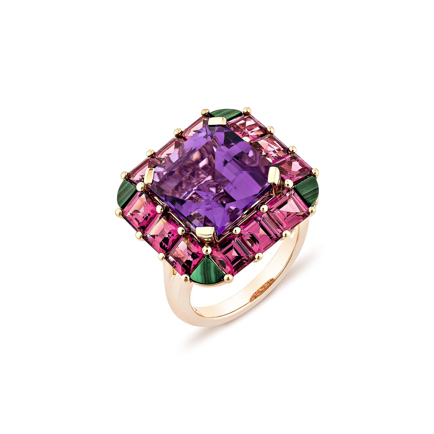 Contemporary Sunita Nahata Amethyst 8.26ct. Ring in 18KRG with Mix Gemstones & Diamond. For Sale
