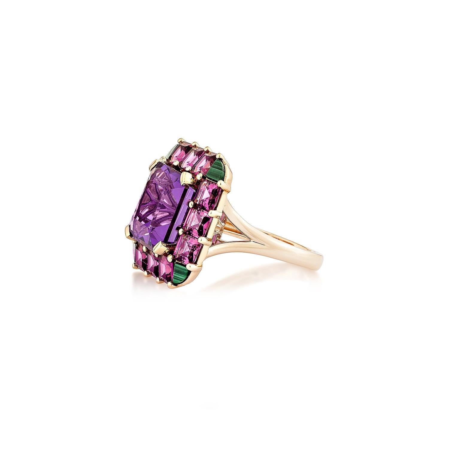 Octagon Cut Sunita Nahata Amethyst 8.26ct. Ring in 18KRG with Mix Gemstones & Diamond. For Sale