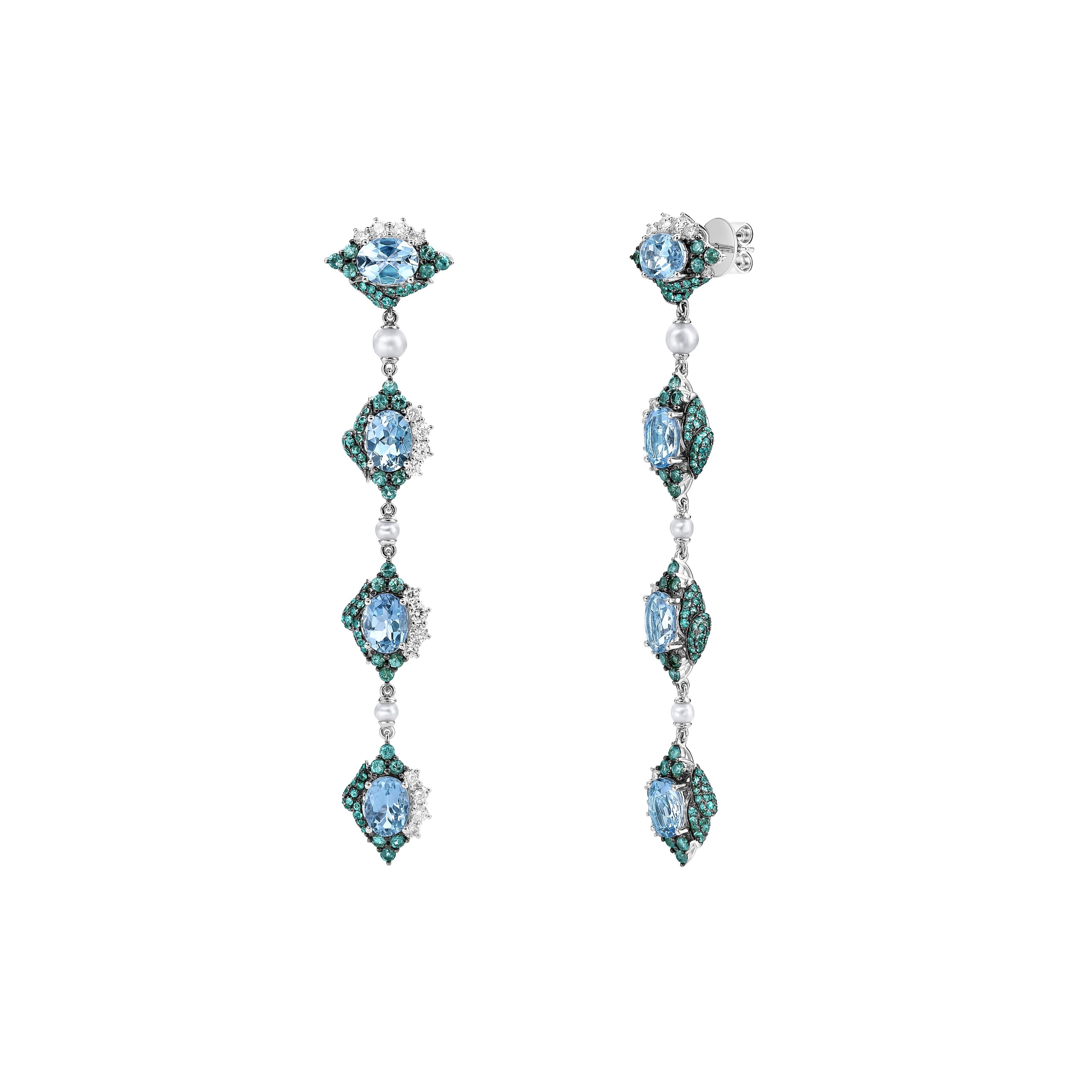 Taglio rotondo Sunita Nahata Acquamarina e pietre miste 8,46ct. Orecchino in 18KWG con diamante. in vendita