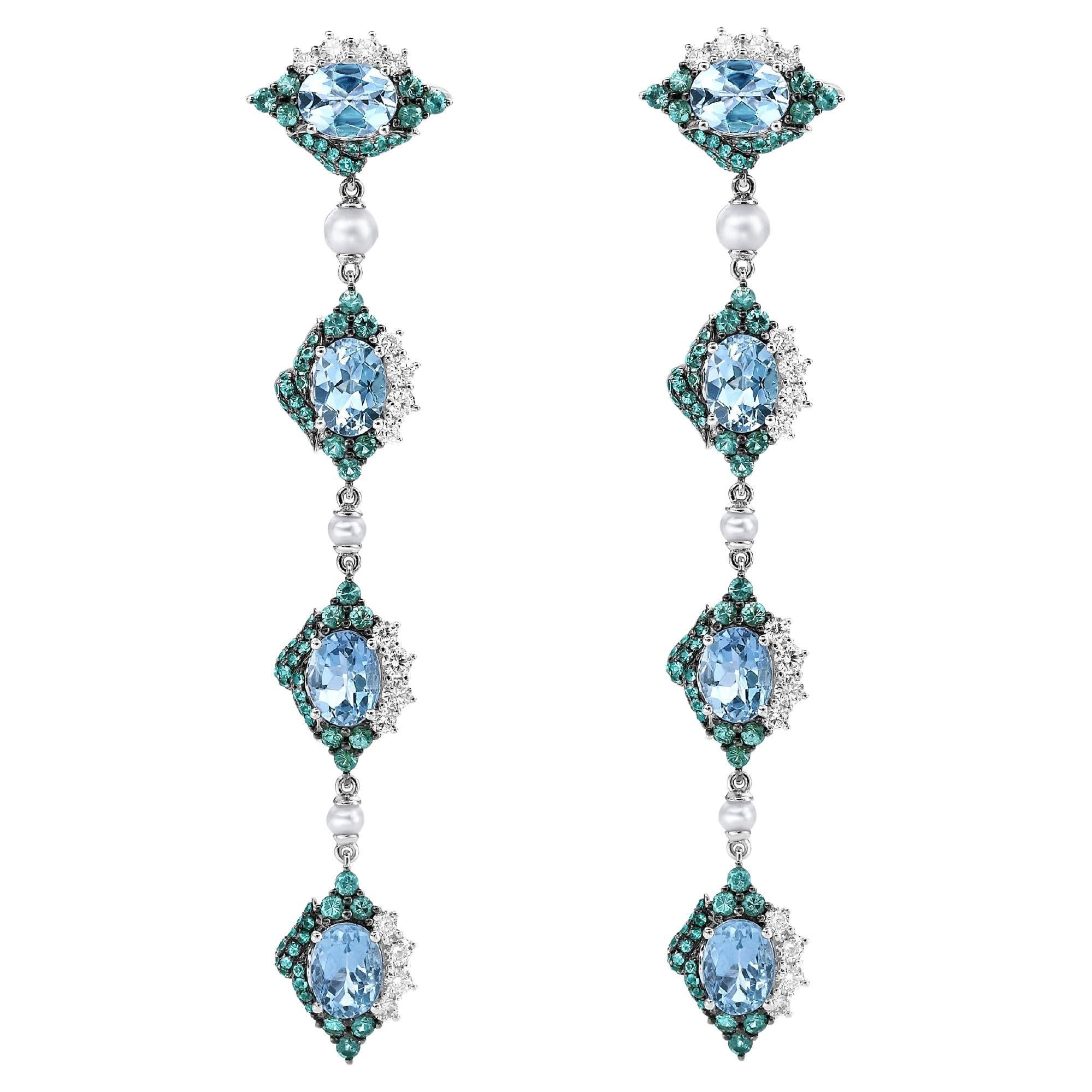 Sunita Nahata Aquamarine & Mix Stone 8.46ct. Earring in 18KWG with Diamond.