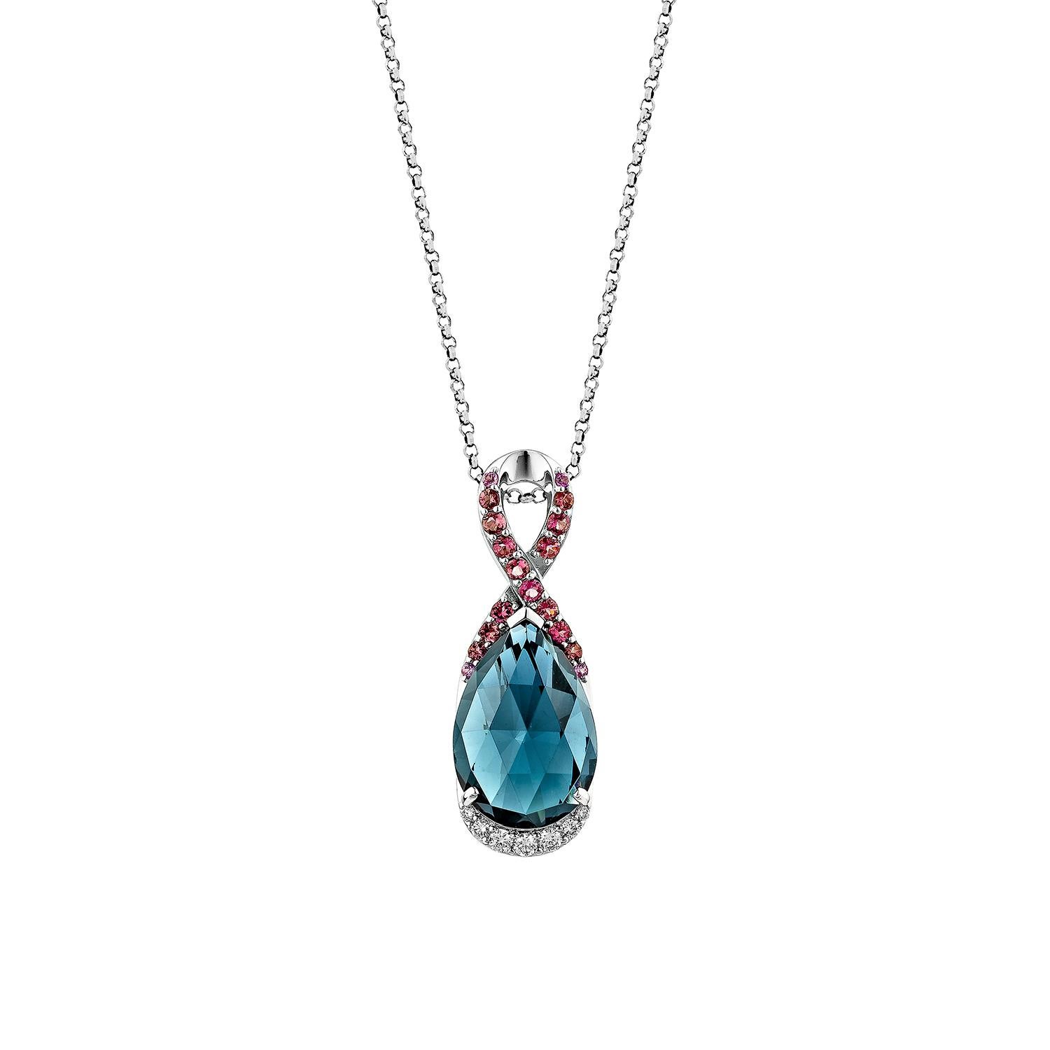 A stunning pear-shaped London blue topaz pendant in 14K white gold, accented with sparkling diamonds and delicate pink tourmaline. The intertwining design adds a touch of elegance and modern flair, making this statement piece a must-have for any