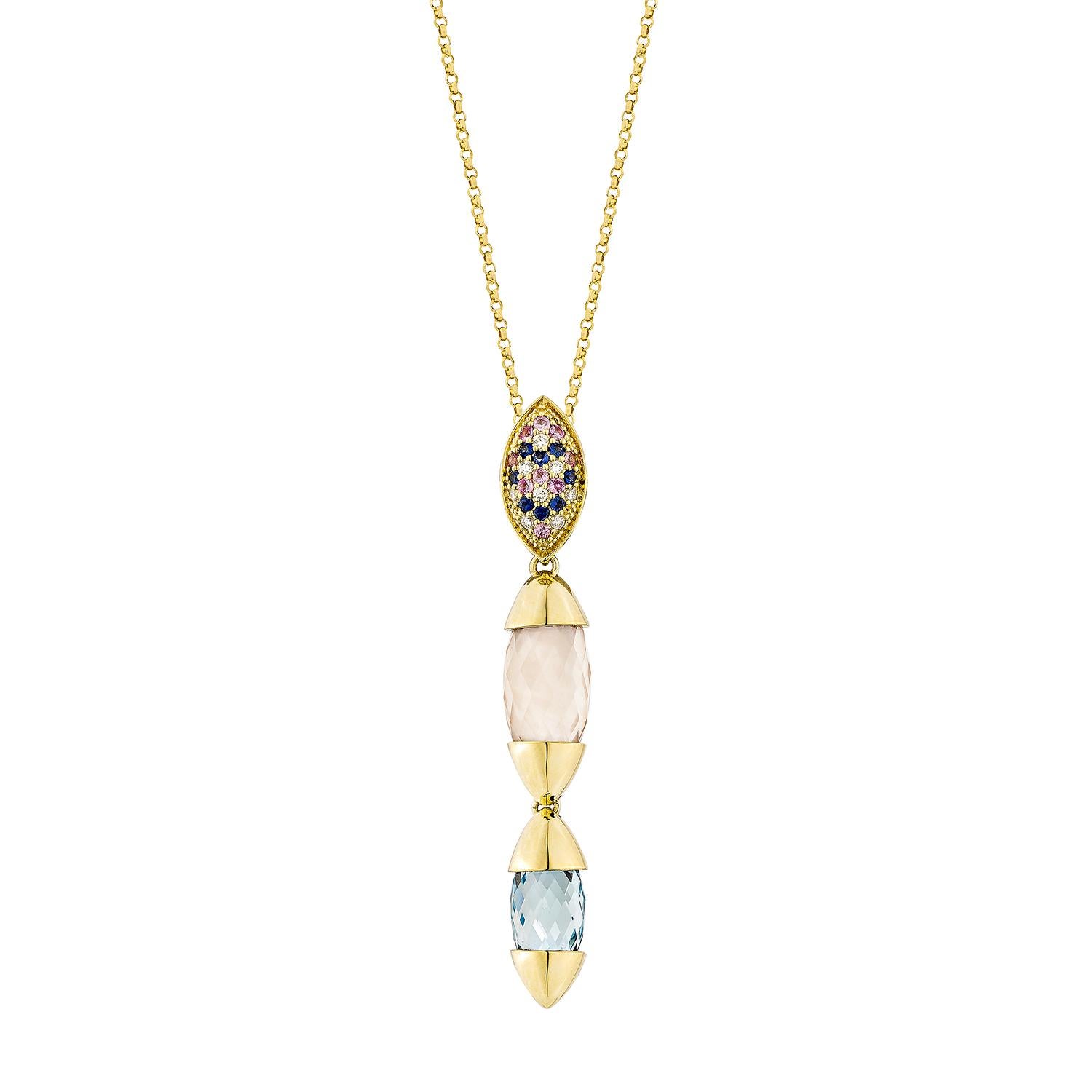 Presentato Un delizioso ciondolo svizzero con topazio blu e quarzo rosa è perfetto per chi apprezza la qualità e vuole indossarlo in qualsiasi occasione o celebrazione. Il ciondolo in oro giallo Swiss Blue Topaz, ornato da quarzo rosa, zaffiro rosa,