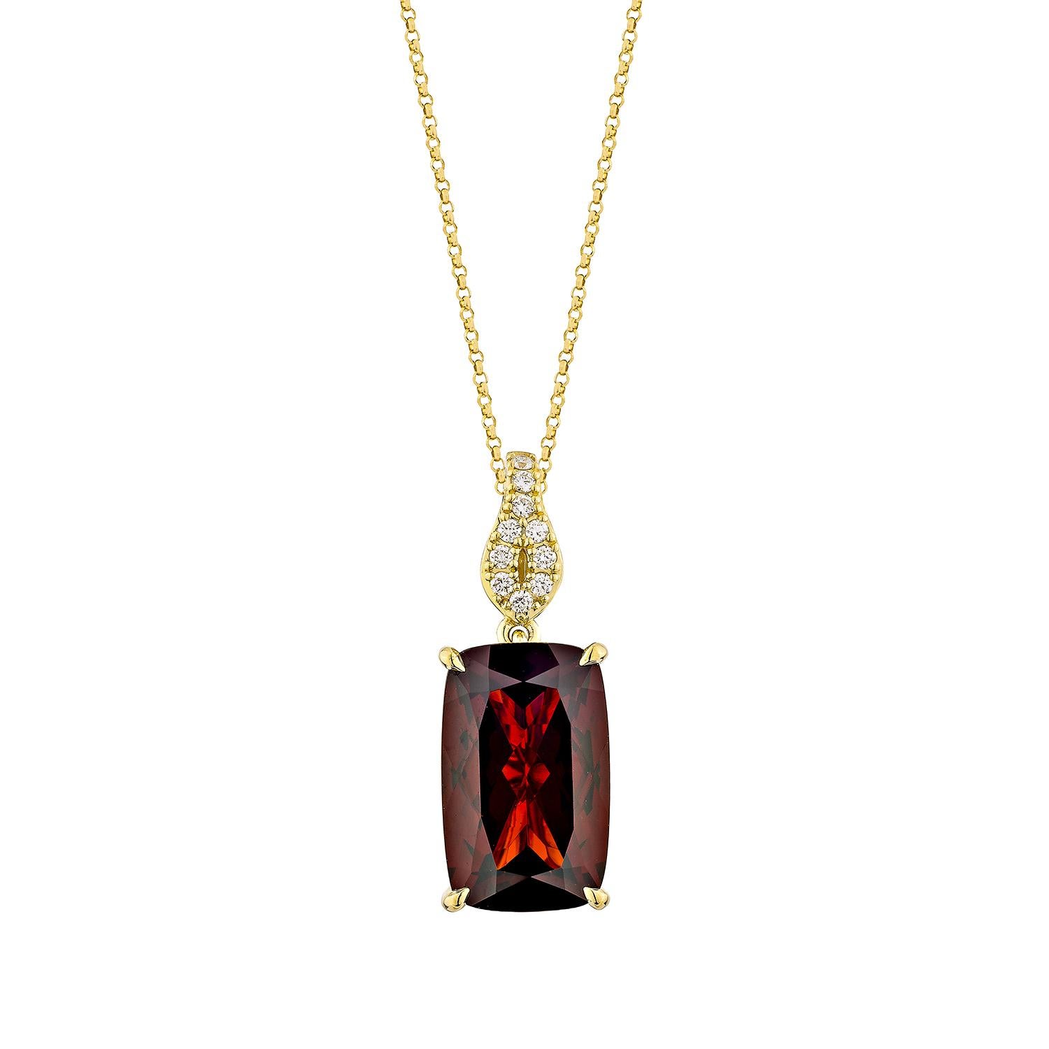 Cushion Cut Sunita Nahata Red Garnet 9.37ct. Pendant in 18KYG with White Diamond. For Sale
