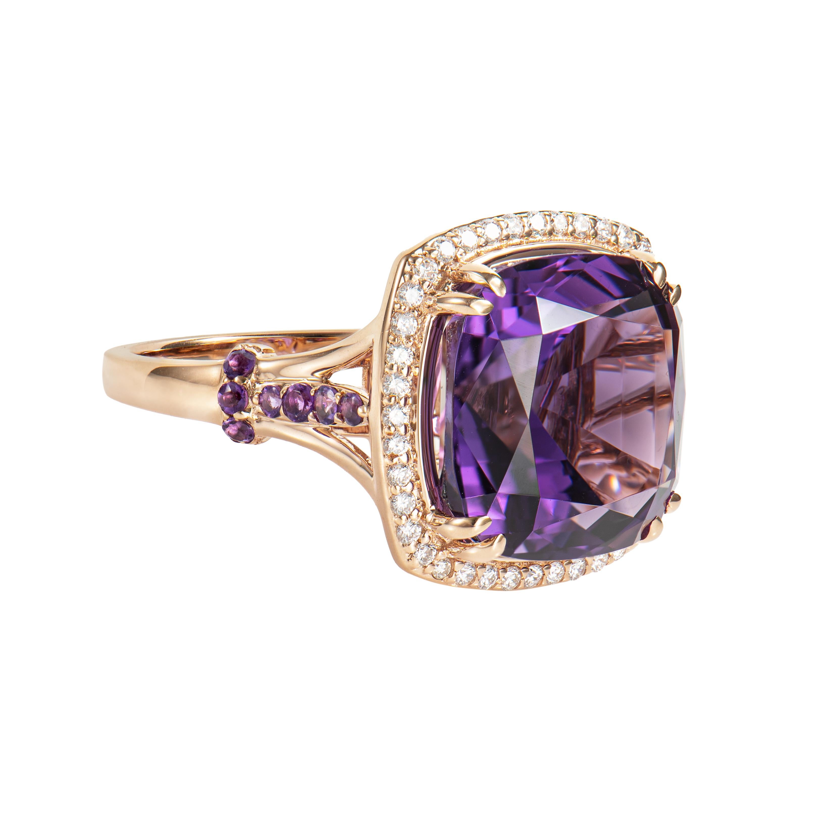 Presented A stunning variety of amethyst gemstones for those who respect quality and wish to wear them on any occasion or everyday basis. The rose gold amethyst fancy ring, embellished with White Topaz and diamonds, has a timeless and exquisite