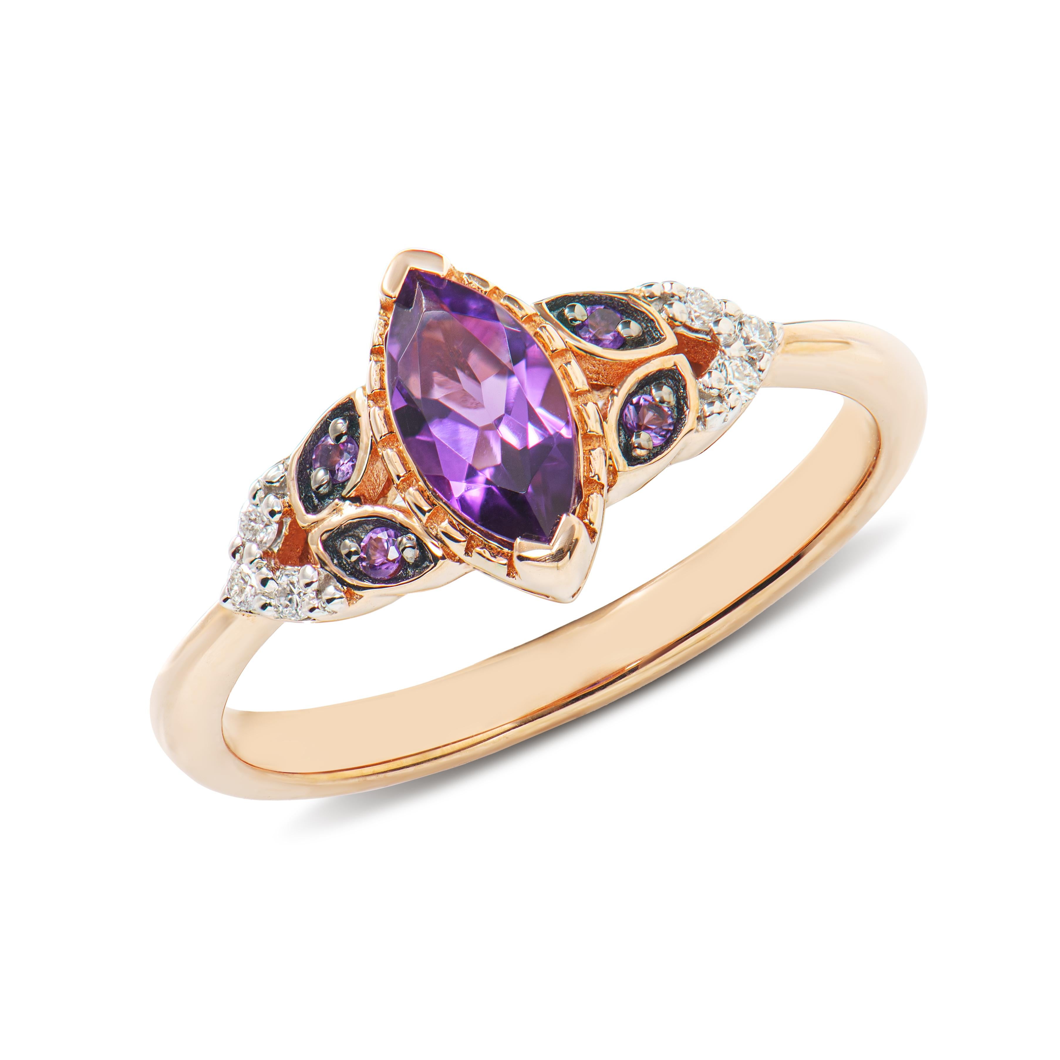 Präsentiert Ein schönes Set aus Amethyst für Menschen, die Qualität schätzen und es zu jeder Gelegenheit oder Feier tragen möchten. Der Amethyst Fancy Ring aus Roségold ist mit Diamanten verziert und wirkt klassisch und elegant.
  
Amethyst Fancy