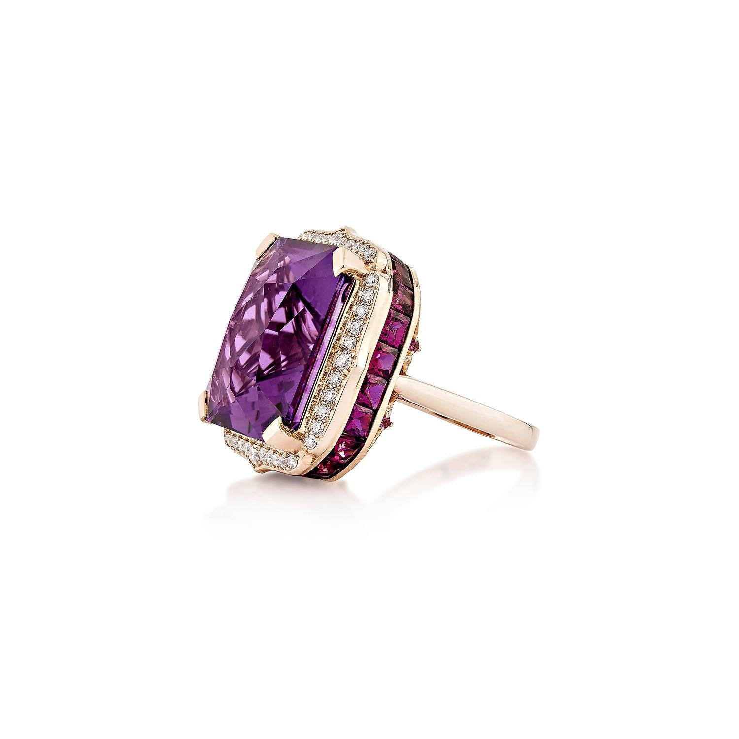 Octagon Cut Sunita Nahata Amethyst 29.83ct. Fancy Ring in 18KRG with Rhodolite & Diamond For Sale