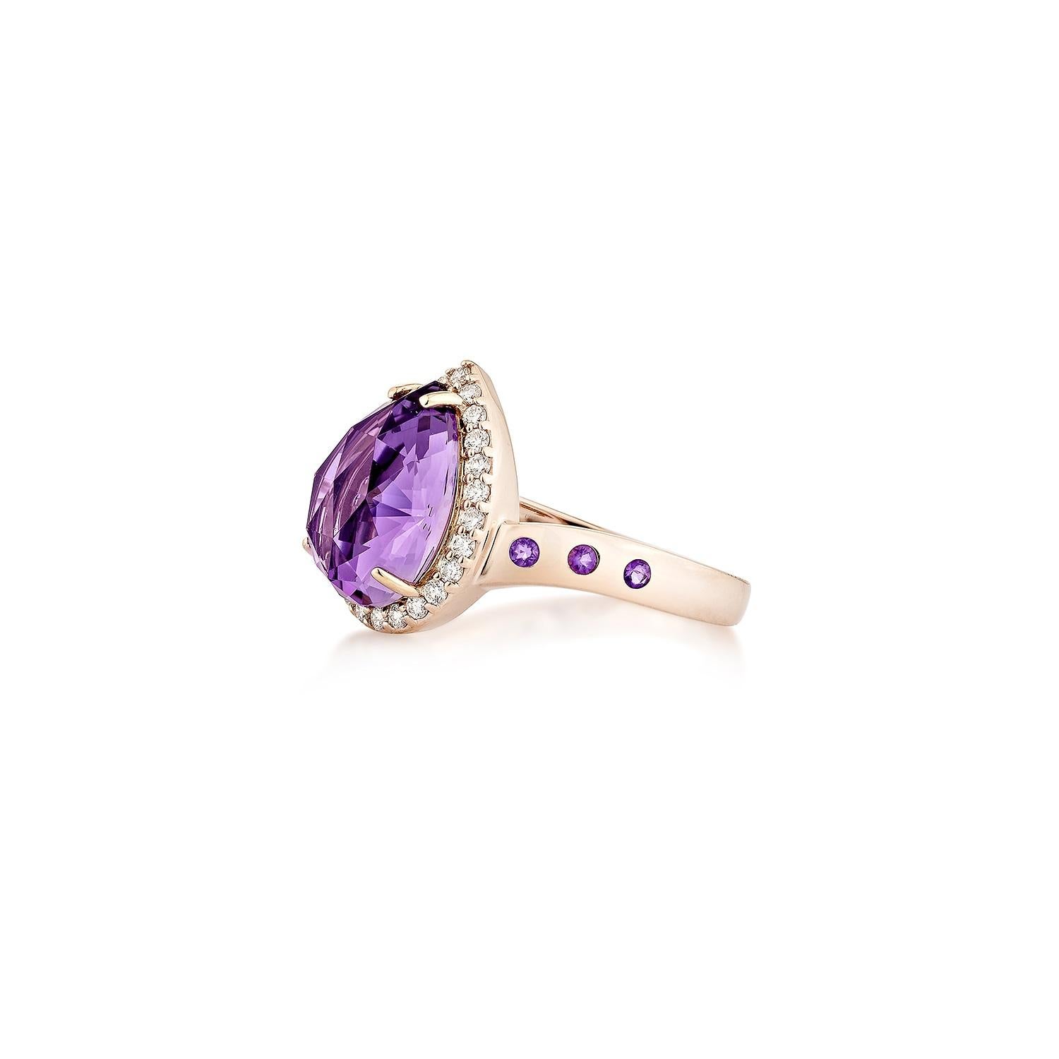 Pear Cut Sunita Nahata Amethyst 3.31ct. Fancy ring in 14Karat Rose Gold with Diamond. For Sale