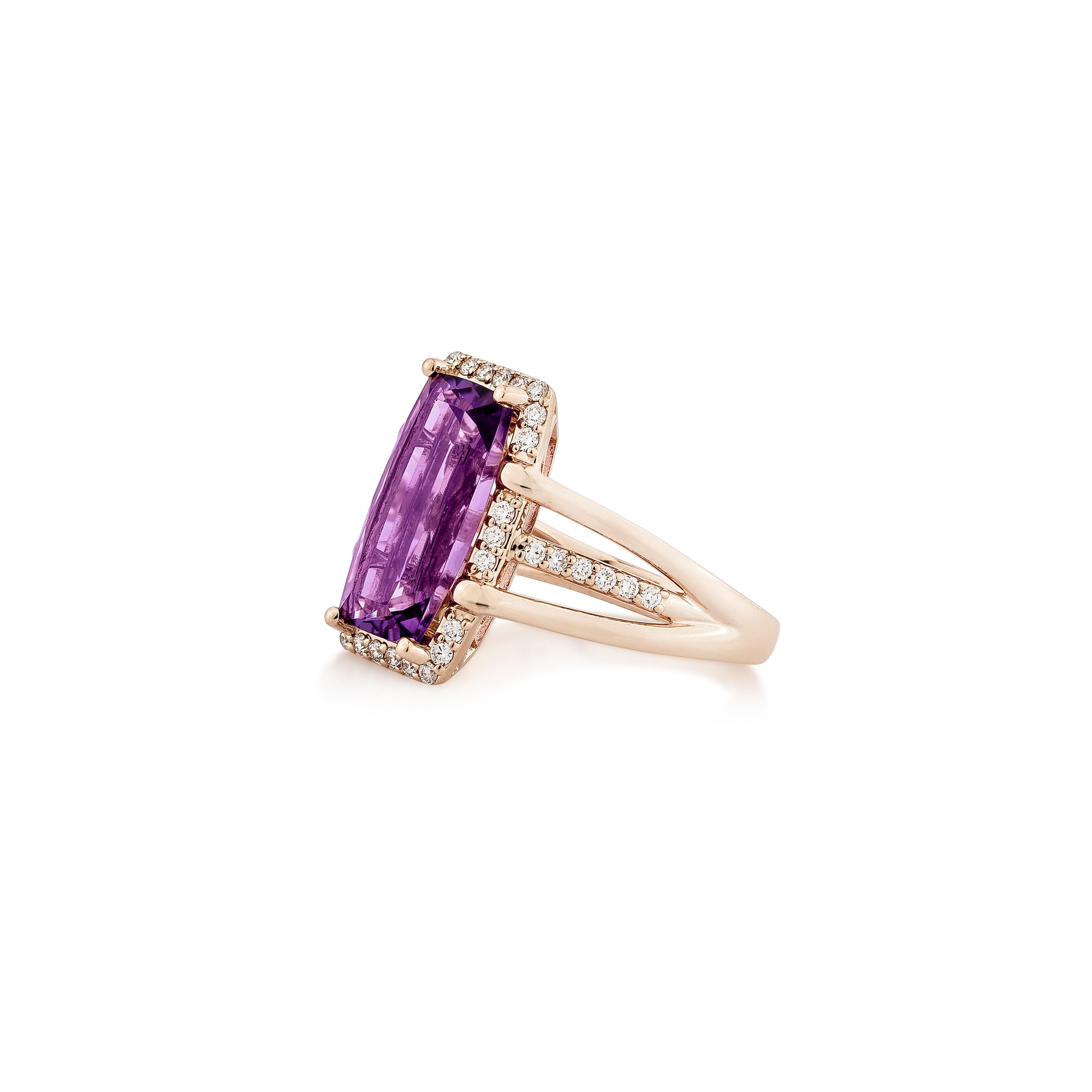 Taille coussin Sunita Nahata Amethyst 3.69ct. Bague fantaisie en or rose 14 carats avec diamants en vente