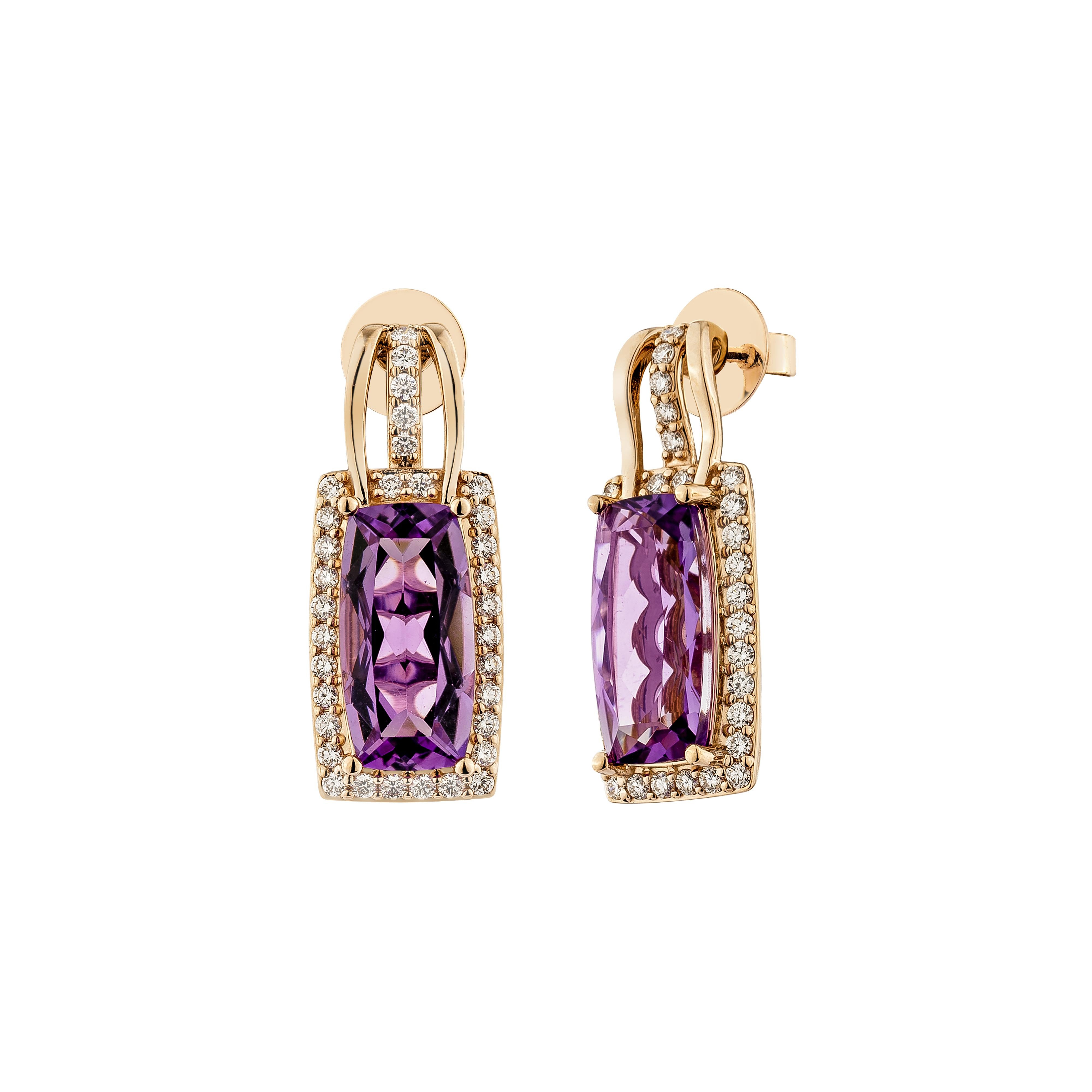 Taille coussin Sunita Nahata Amethyst 4.52ct. Boucles d'oreilles en 14 carats avec diamant blanc. en vente