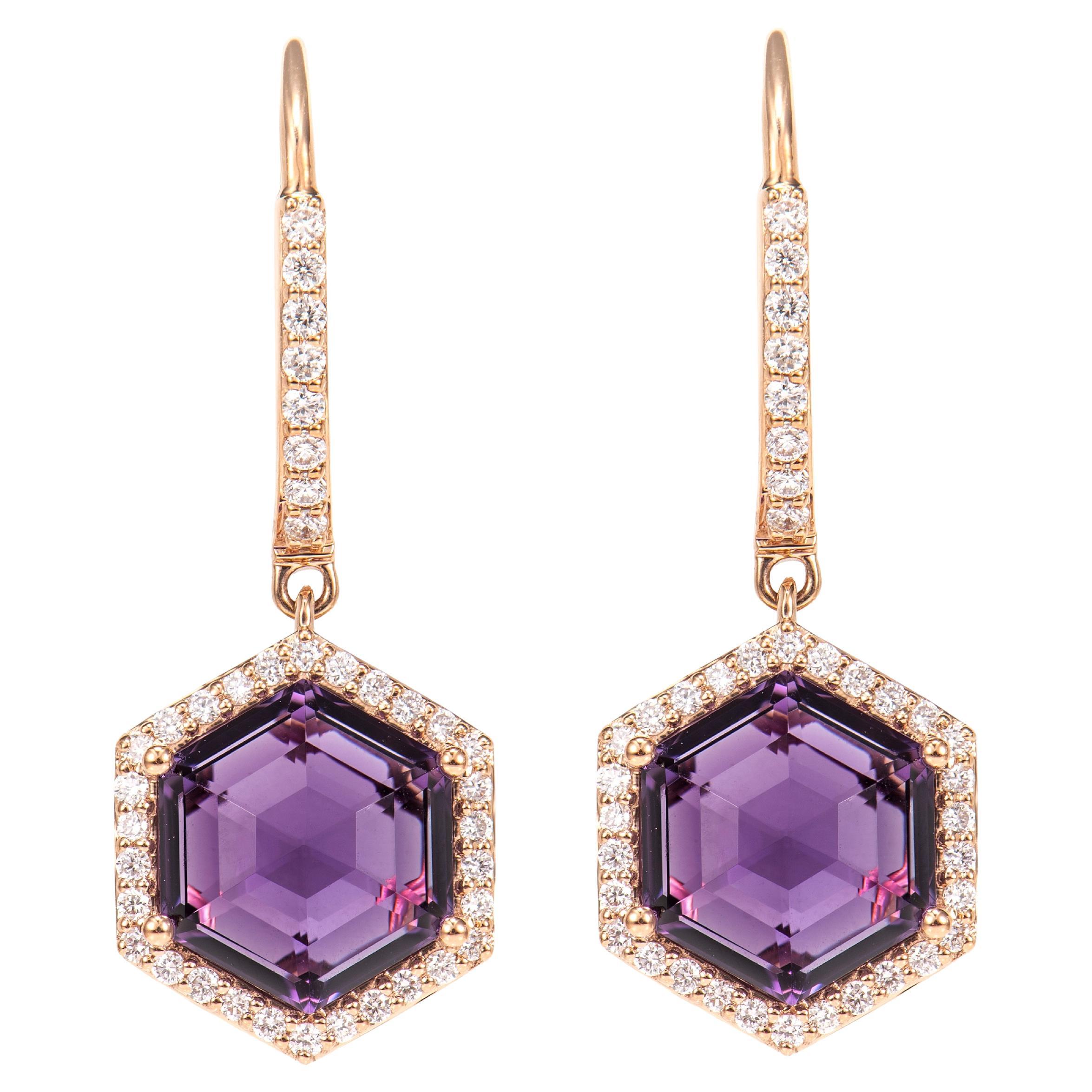 Sunita Nahata Amethyst 4.75ct. Boucles d'oreilles pendantes en 18KRG avec diamant.