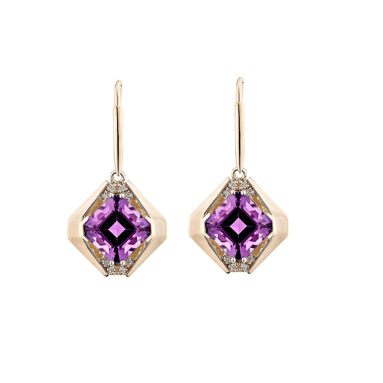 Sunita Nahata Amatista 8.71ct. Pendientes de Gota en 14KRG con Diamante Blanco. Contemporáneo en venta
