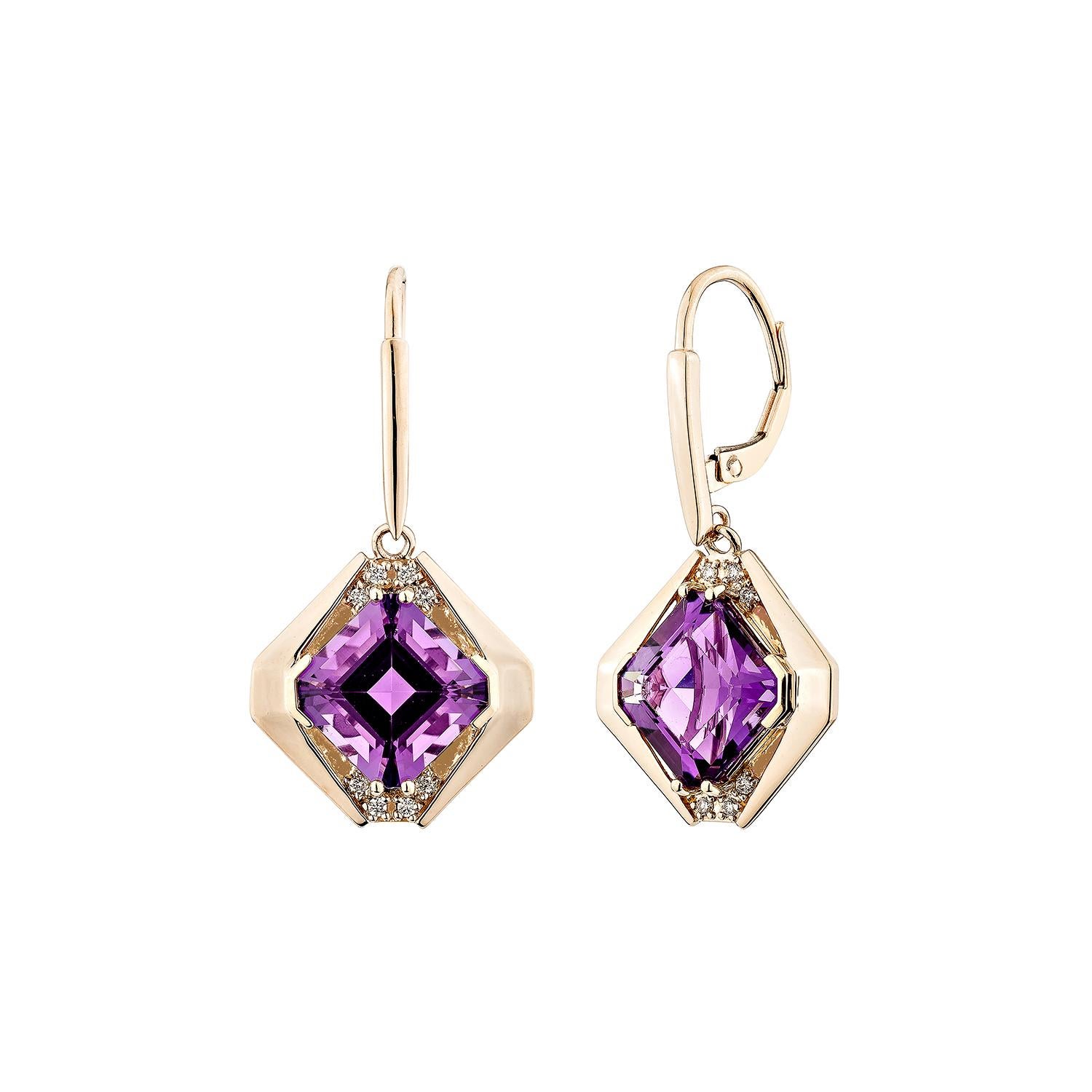 Sunita Nahata Amatista 8.71ct. Pendientes de Gota en 14KRG con Diamante Blanco. Corte octogonal en venta